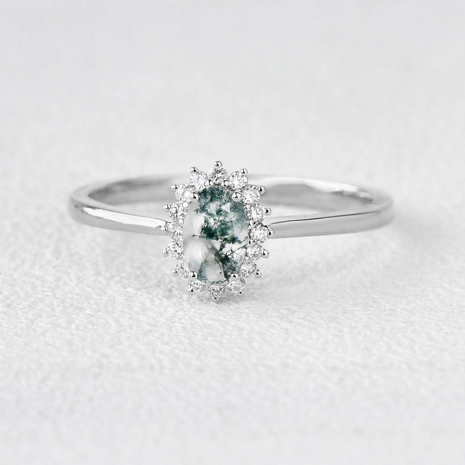 Effortless Finish Classic Shape Oval Moss Agate & Moissanite White Gold Ring - Lewis