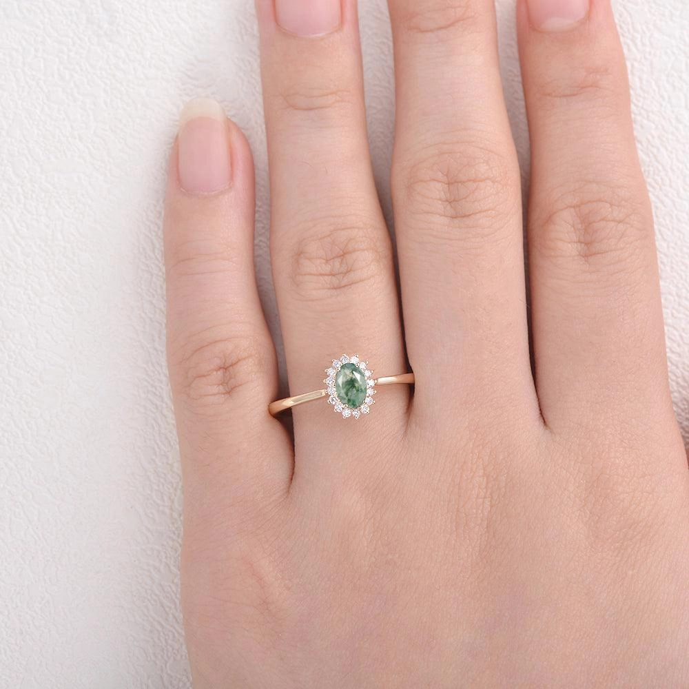 Oval Moss Agate & Moissanite White Gold Ring - Lewis Personal Gift Home care