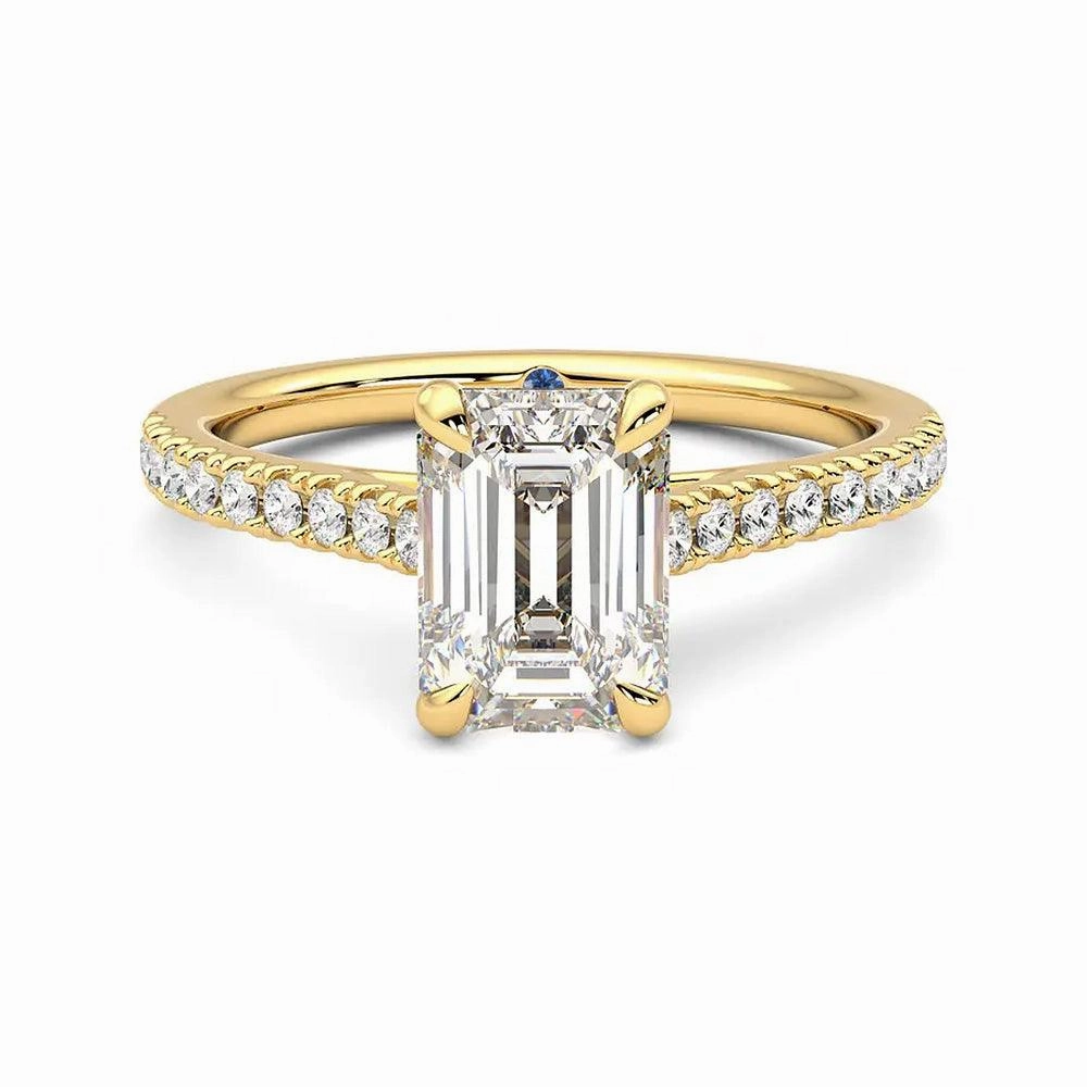 Versatile Look Emerald Cut Moissanite Engagement Ring with Hidden Anniversary Stone and Pav?? Accents