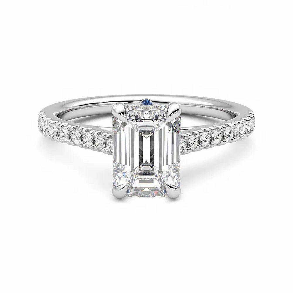 Fashion Shine Emerald Cut Moissanite Engagement Ring with Hidden Anniversary Stone and Pav?? Accents