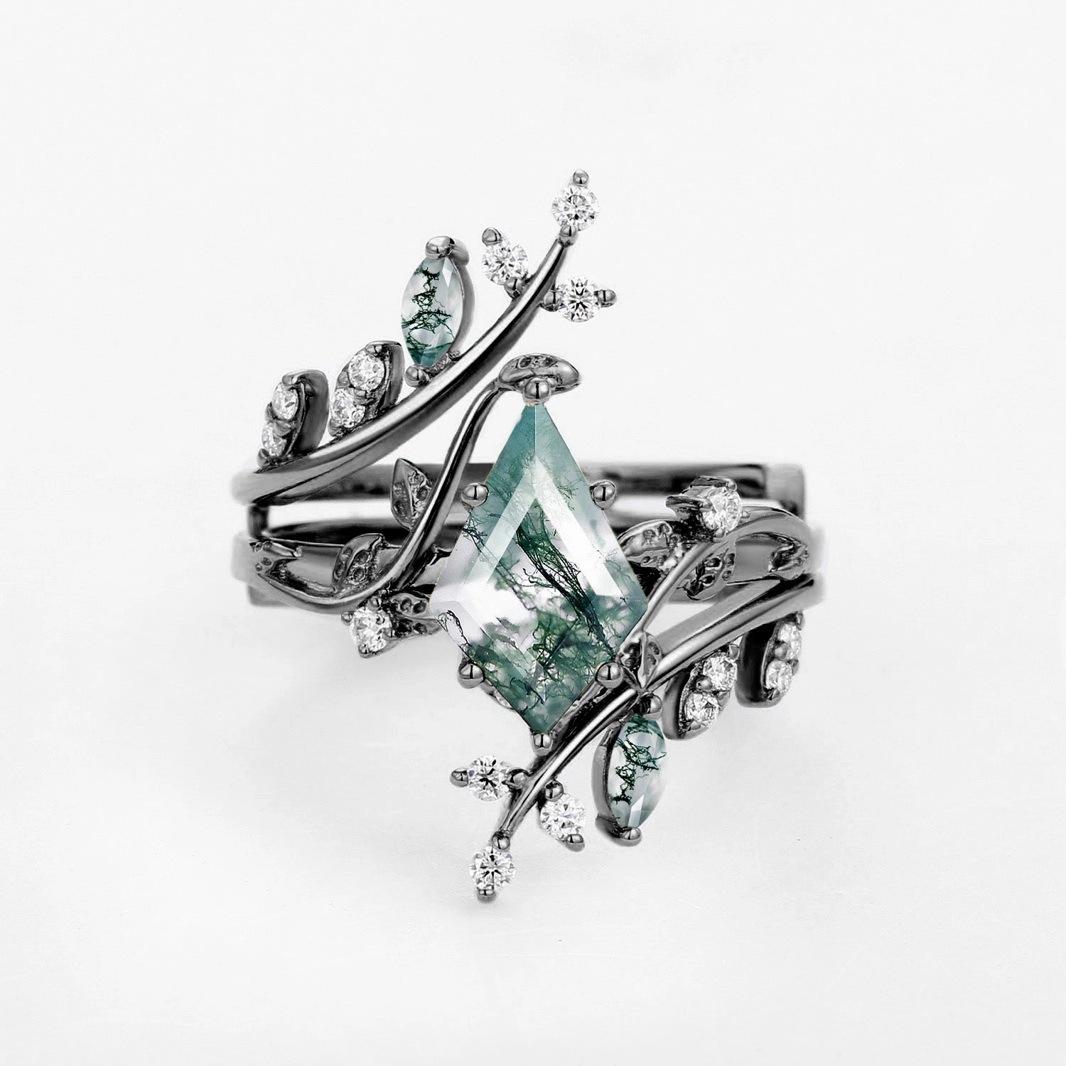 Nature Inspired - Unique Kite Cut Moss Agate Cage Leafy Ring 2pcs - Knight Seasonal Look Evening Accessory