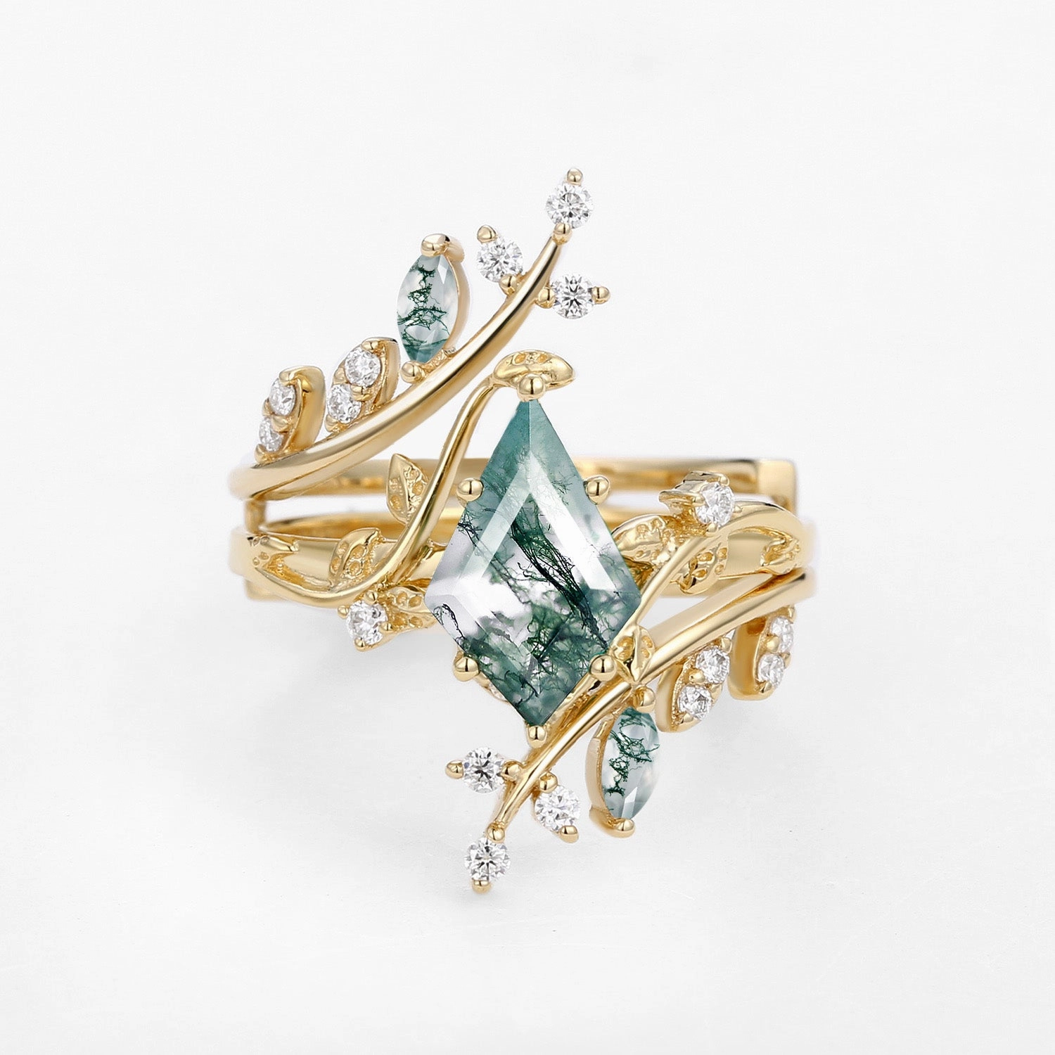 Nature Inspired - Unique Kite Cut Moss Agate Cage Leafy Ring 2pcs - Knight Everyday Match Formal Outfit
