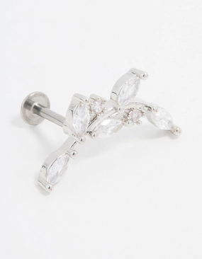 Shiny Radiance Stainless Steel Cubic Zirconia Curved Vine Single Flat Back Stud