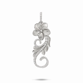 Hawaiian Heirloom Plumeria Pendant in White Gold with Diamonds - 30mm Formal Event