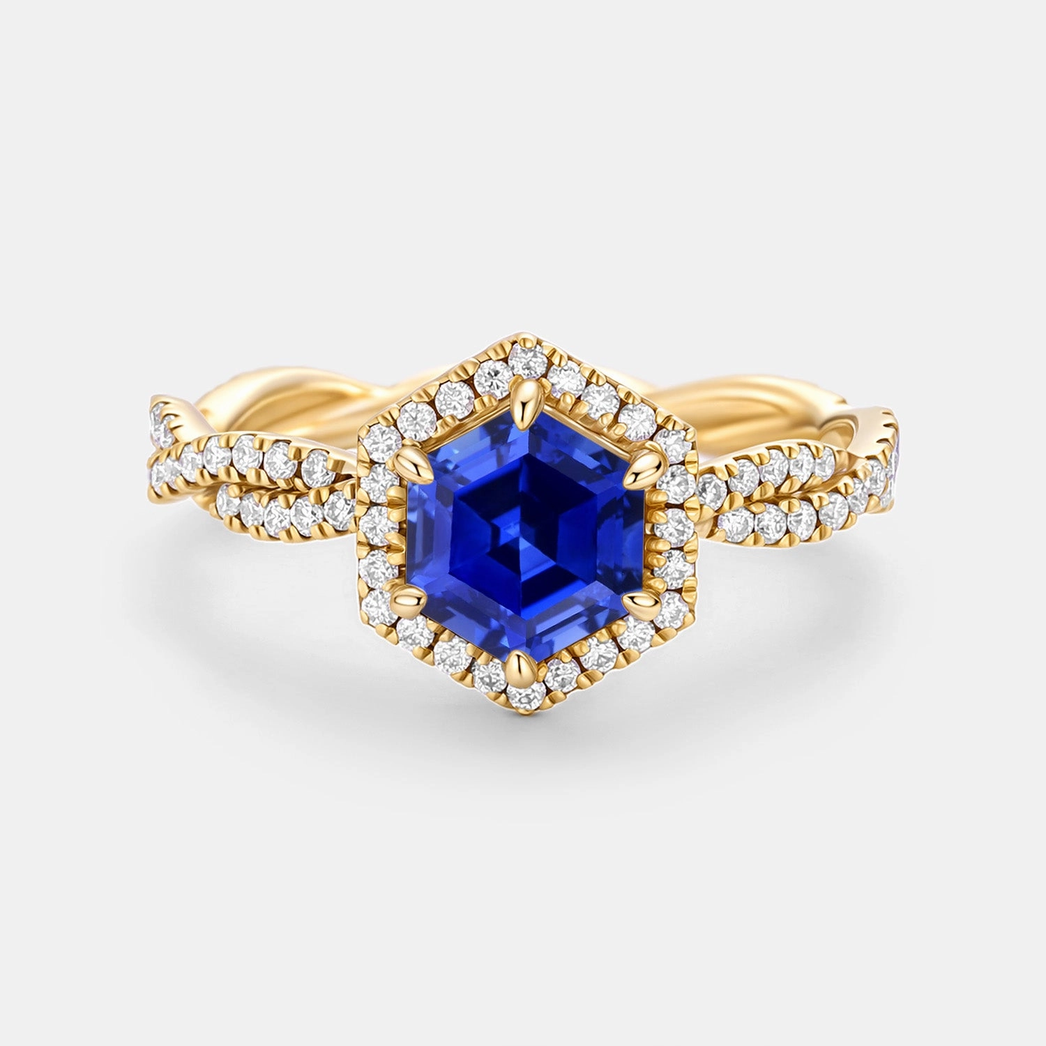 Detail Focus Hexagon Cut Lab Sapphire Twist Halo Ring - Elyx