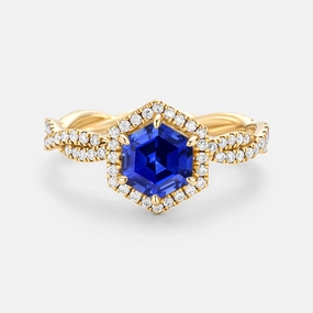 Detail Focus Hexagon Cut Lab Sapphire Twist Halo Ring - Elyx