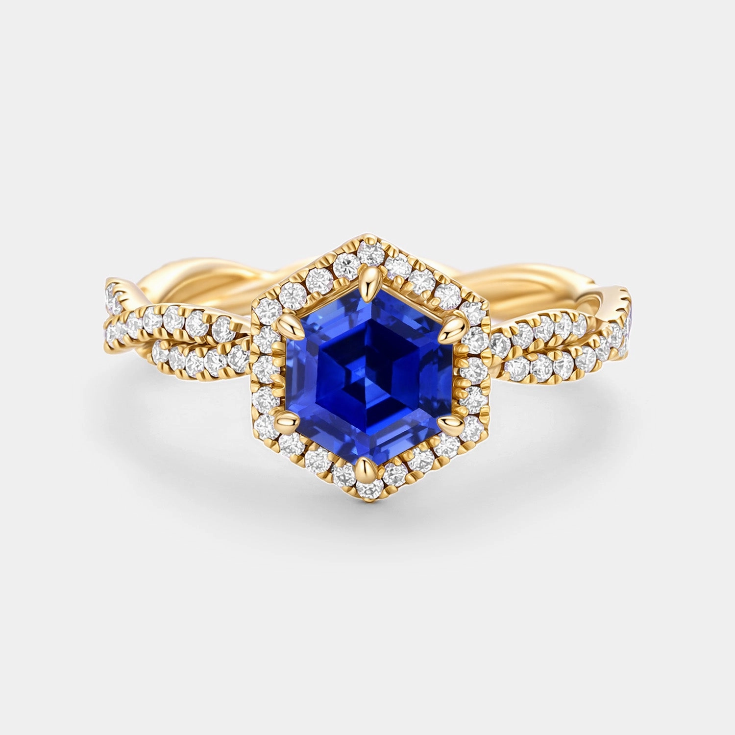 Stylish pieces Hexagon Cut Lab Sapphire Twist Halo Ring - Elyx