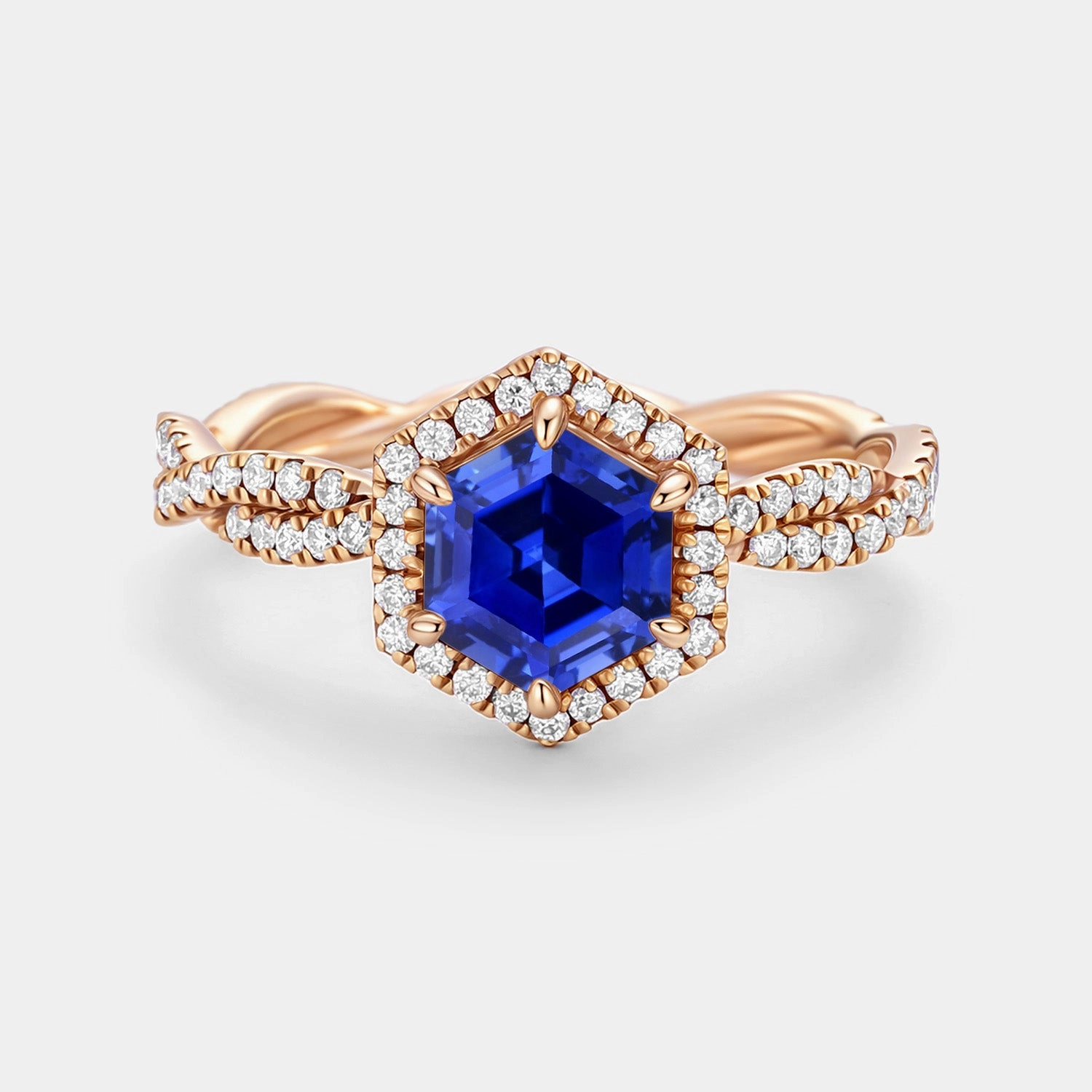 Hexagon Cut Lab Sapphire Twist Halo Ring - Elyx Vibrant Shine Finish