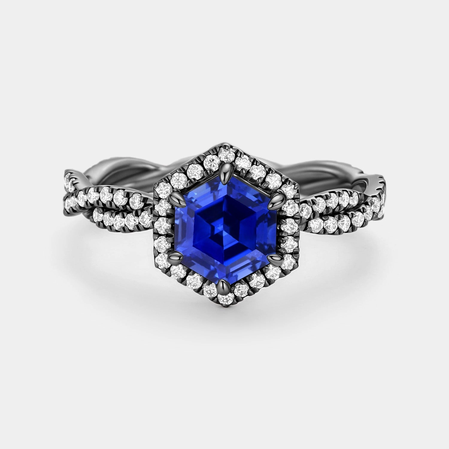 Light Radiance Hexagon Cut Lab Sapphire Twist Halo Ring - Elyx