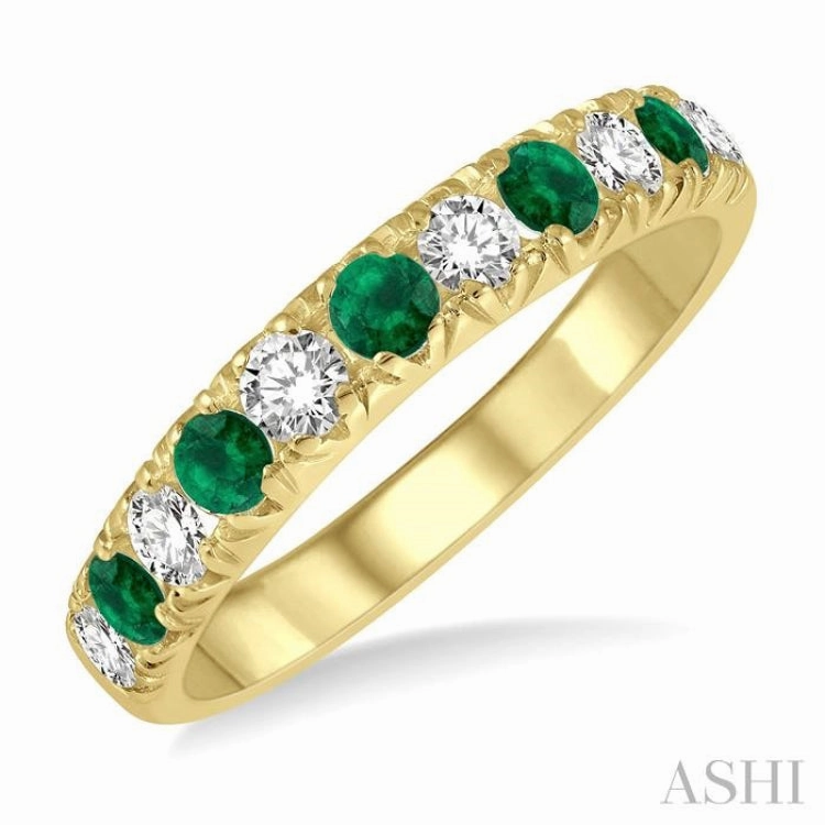 Balanced Detail 2.6 MM Emerald and 3/8 ctw Round Cut Diamond Precious Wedding Band in 14K Yellow Gold
