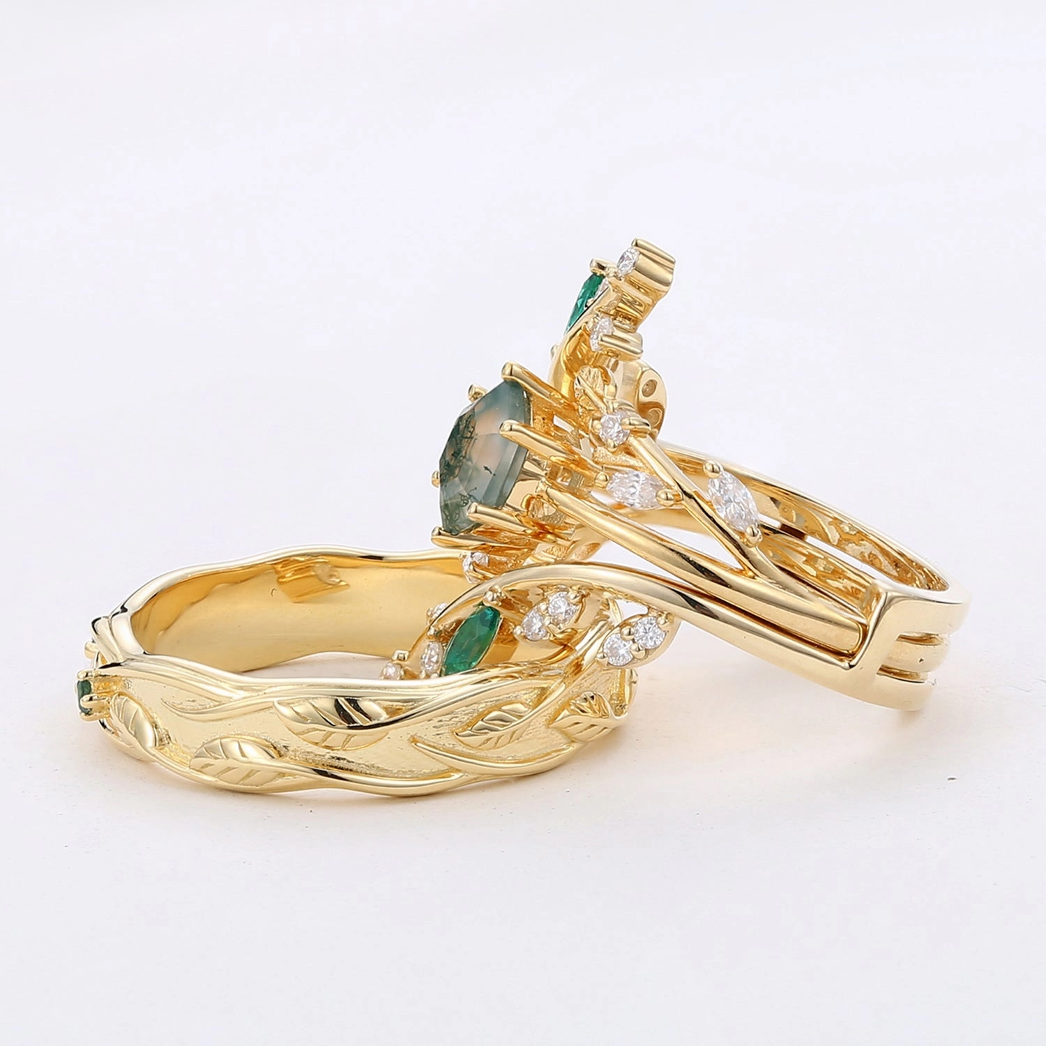 Nature Inspired - Perfect Hexagon Cut Moss Agate Cage Leafy Couple Ring Set 3pcs Effortless Design Daily Outfit