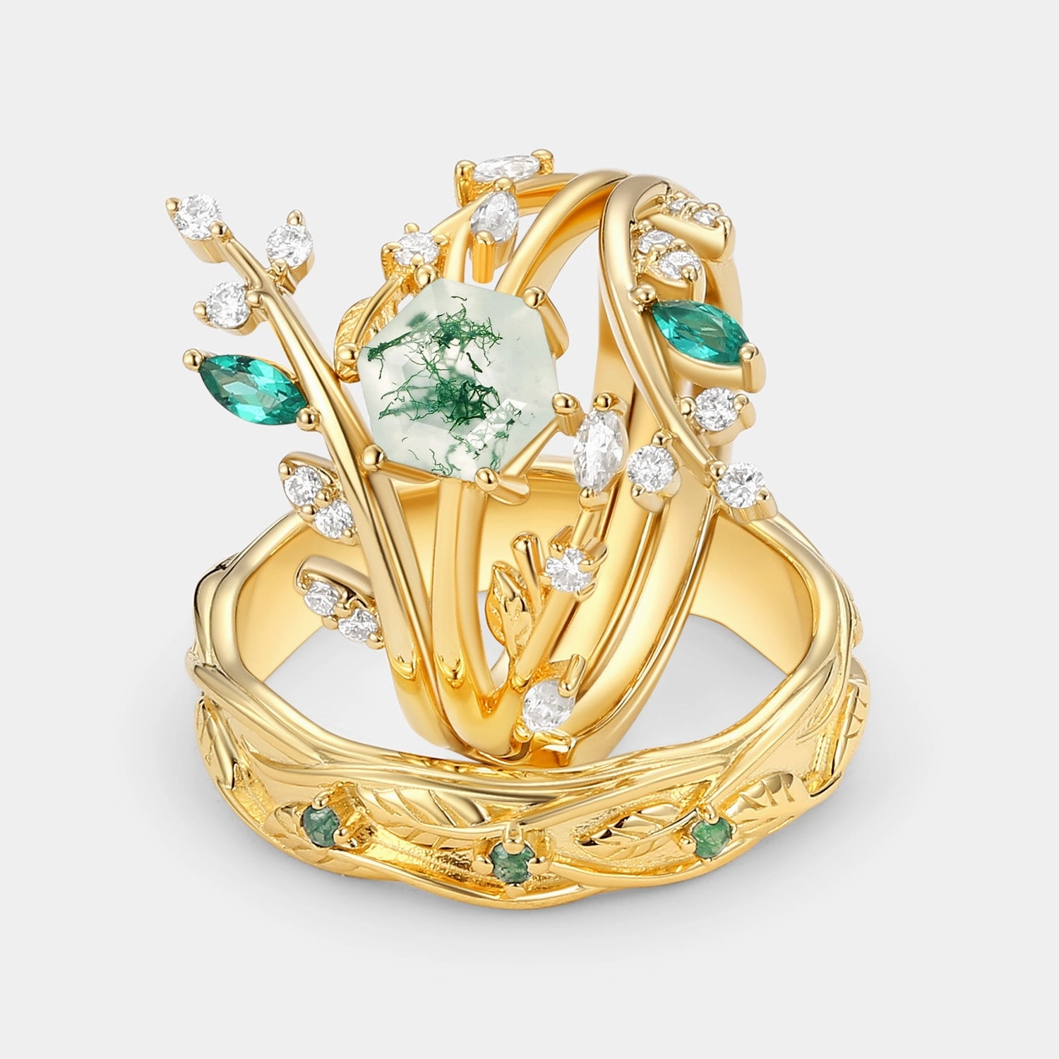 Signature Flair Stylish Spark Nature Inspired - Perfect Hexagon Cut Moss Agate Cage Leafy Couple Ring Set 3pcs