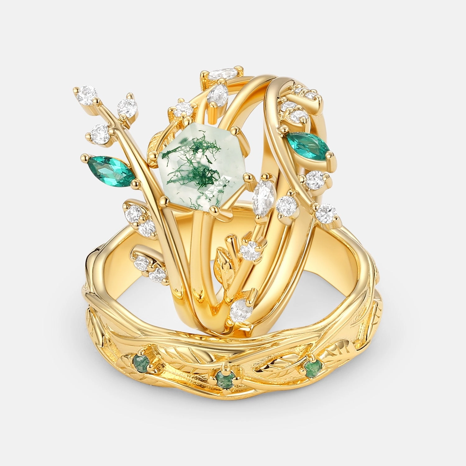Nature Inspired - Perfect Hexagon Cut Moss Agate Cage Leafy Couple Ring Set 3pcs Shiny Craft