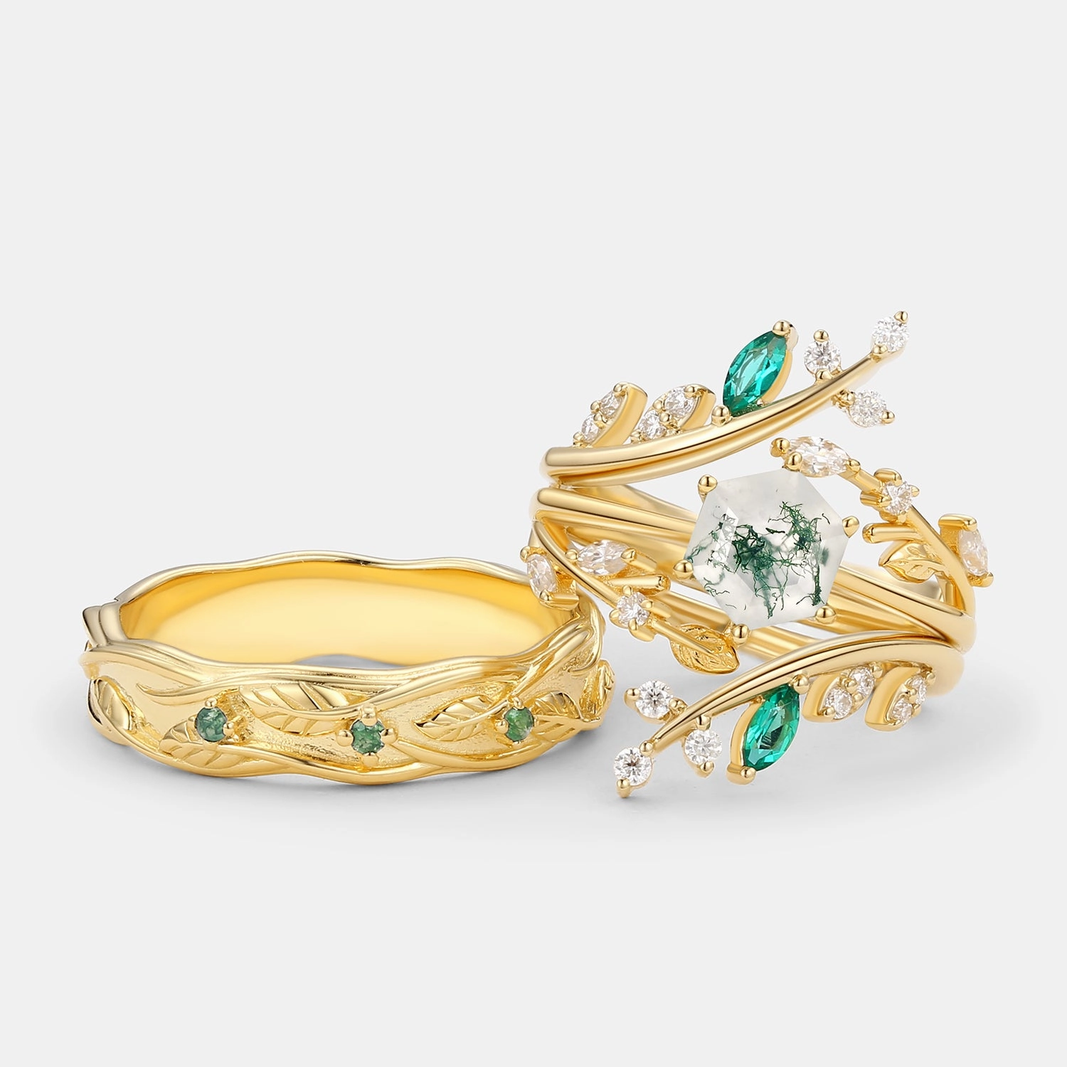 Nature Inspired - Perfect Hexagon Cut Moss Agate Cage Leafy Couple Ring Set 3pcs Timeless Features Glowing Detail