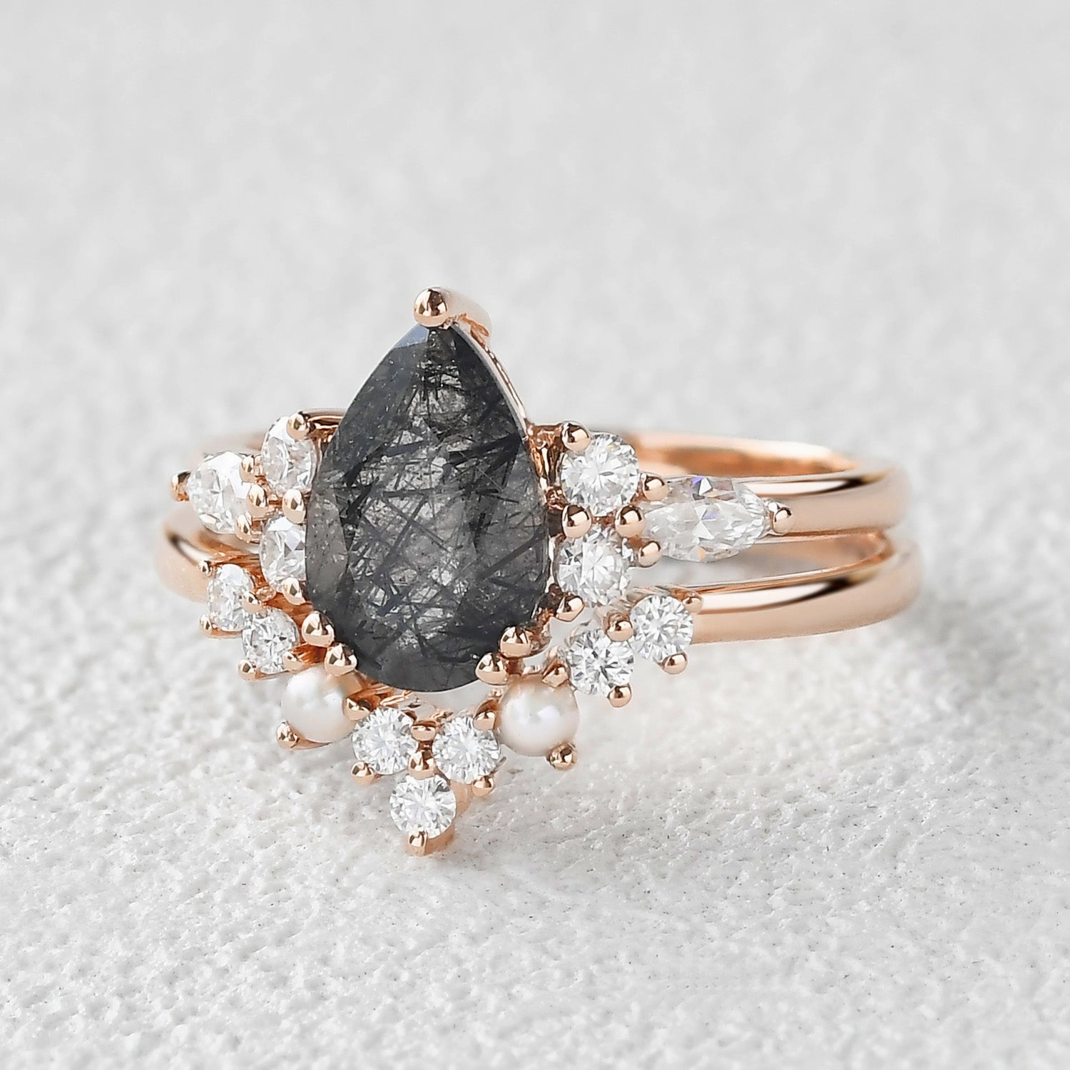 Pear Shaped Black Rutilated Quartz Vintage Stacking Ring Set 2pcs Value Product