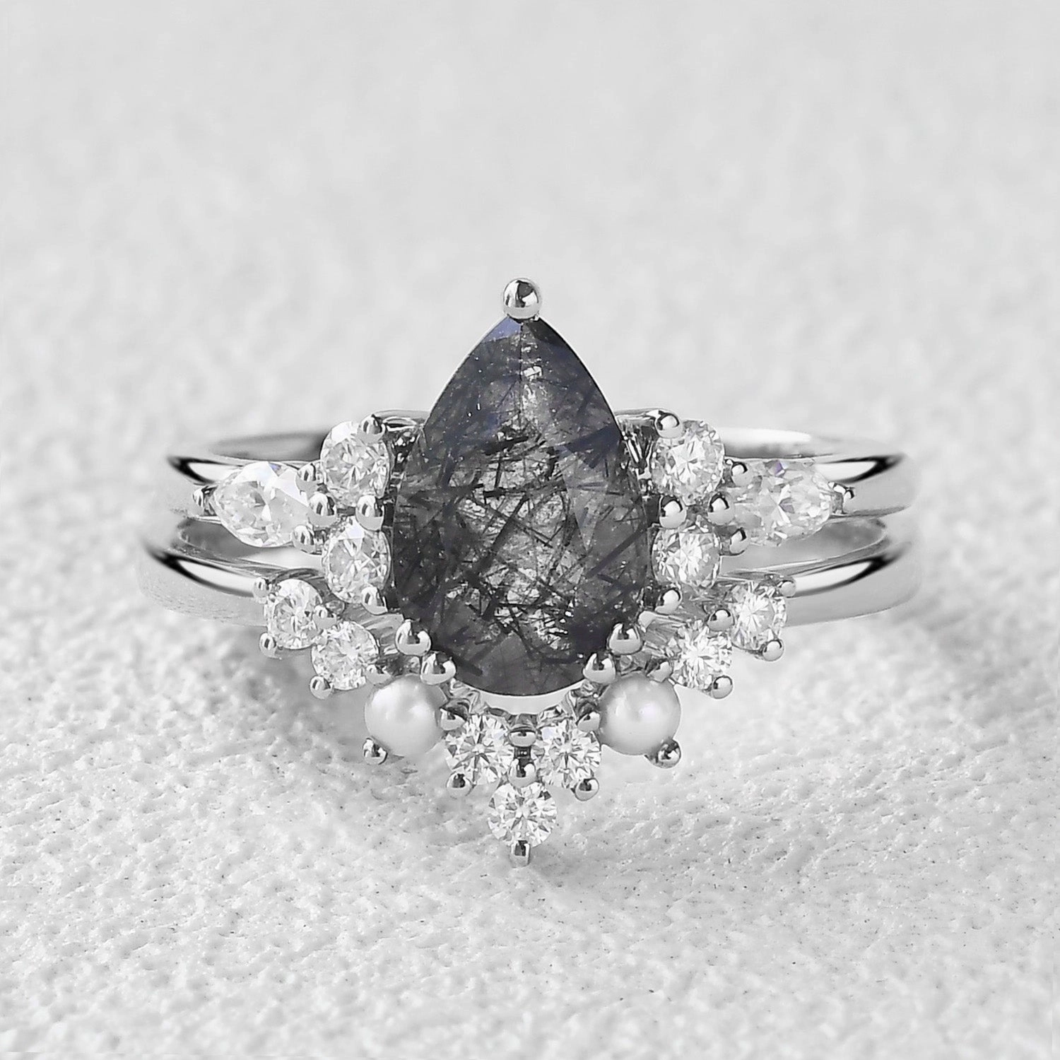 Pear Shaped Black Rutilated Quartz Vintage Stacking Ring Set 2pcs Complete Set