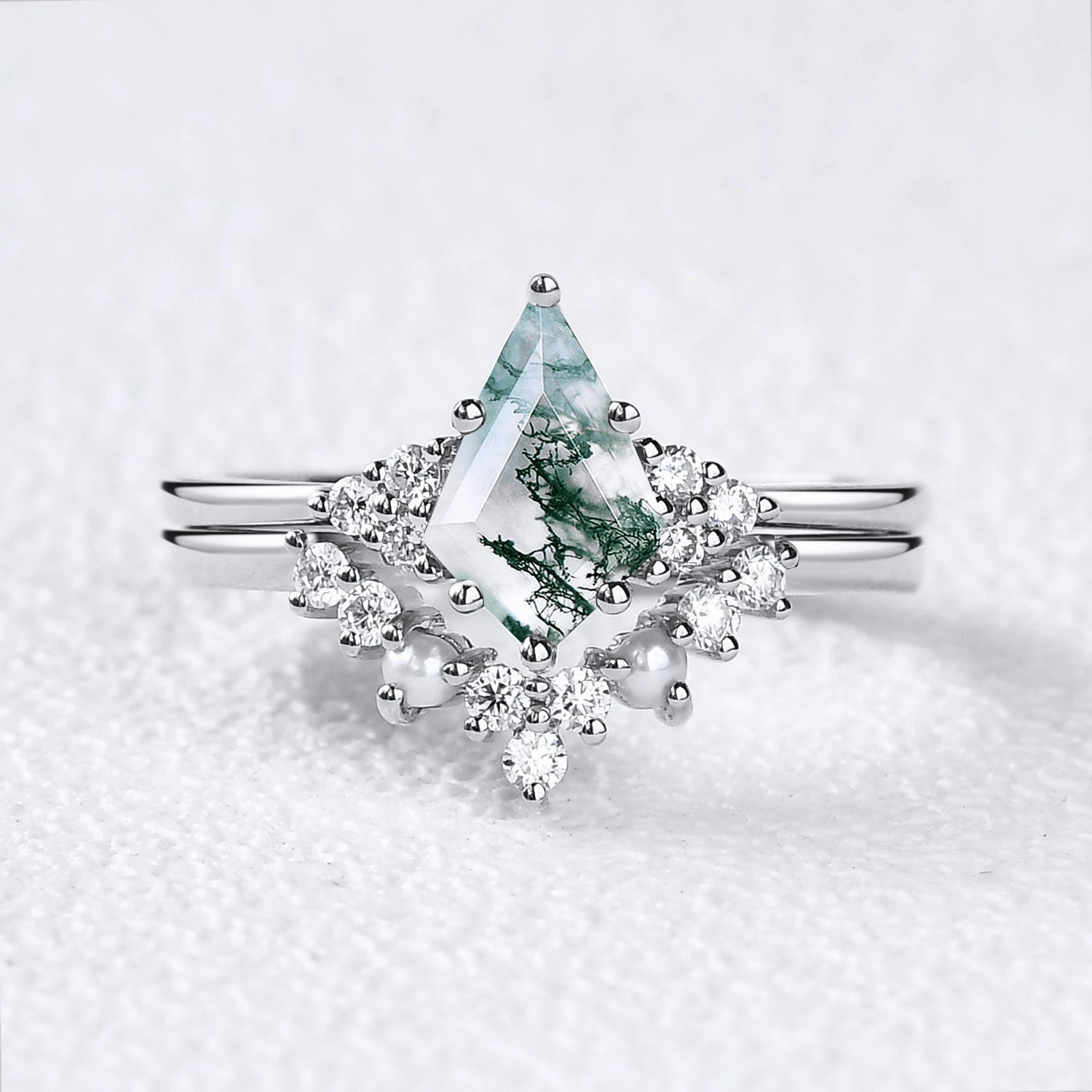 Kite Cut Moss Agate Pearl Engagement Ring Set 2pcs Holiday Style Quality Embellishment