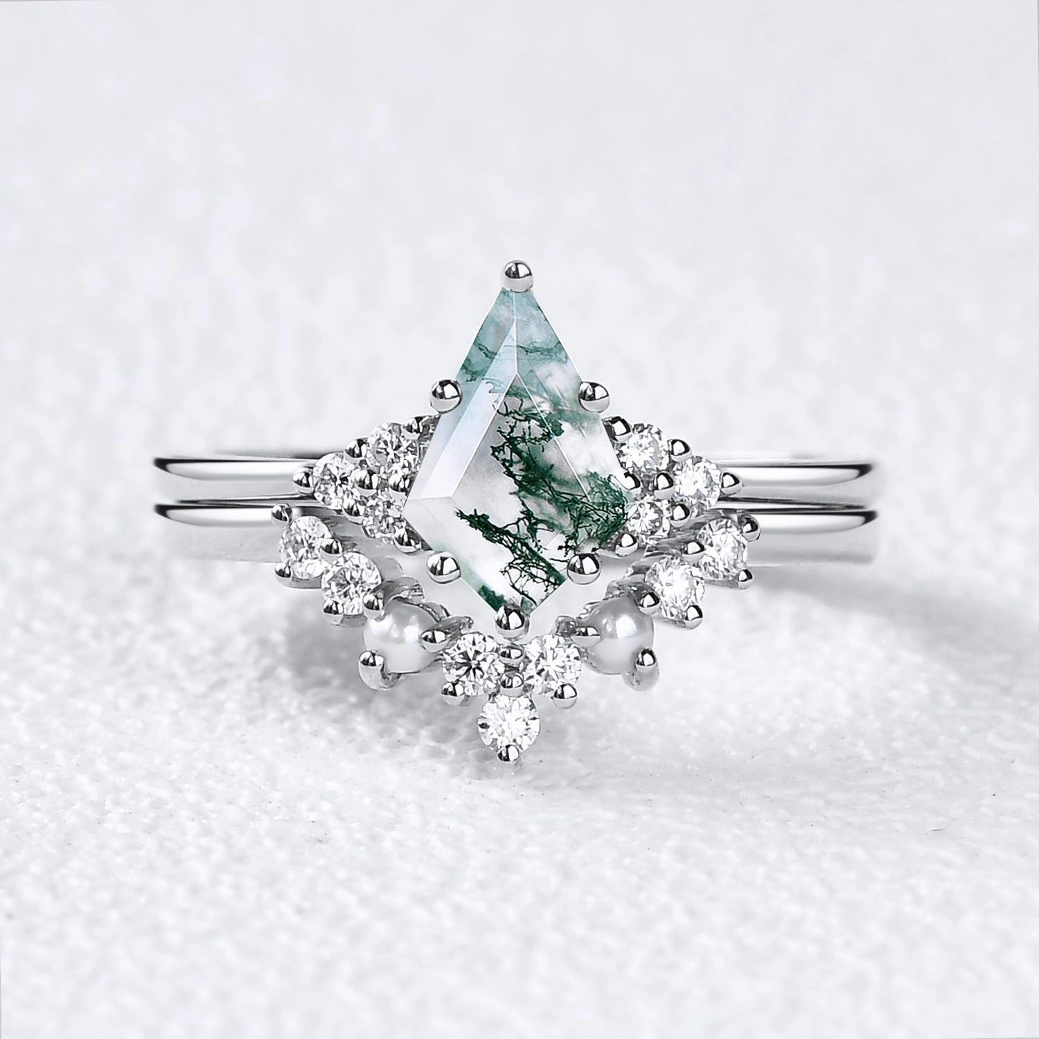Kite Cut Moss Agate Pearl Engagement Ring Set 2pcs Luxury Impression