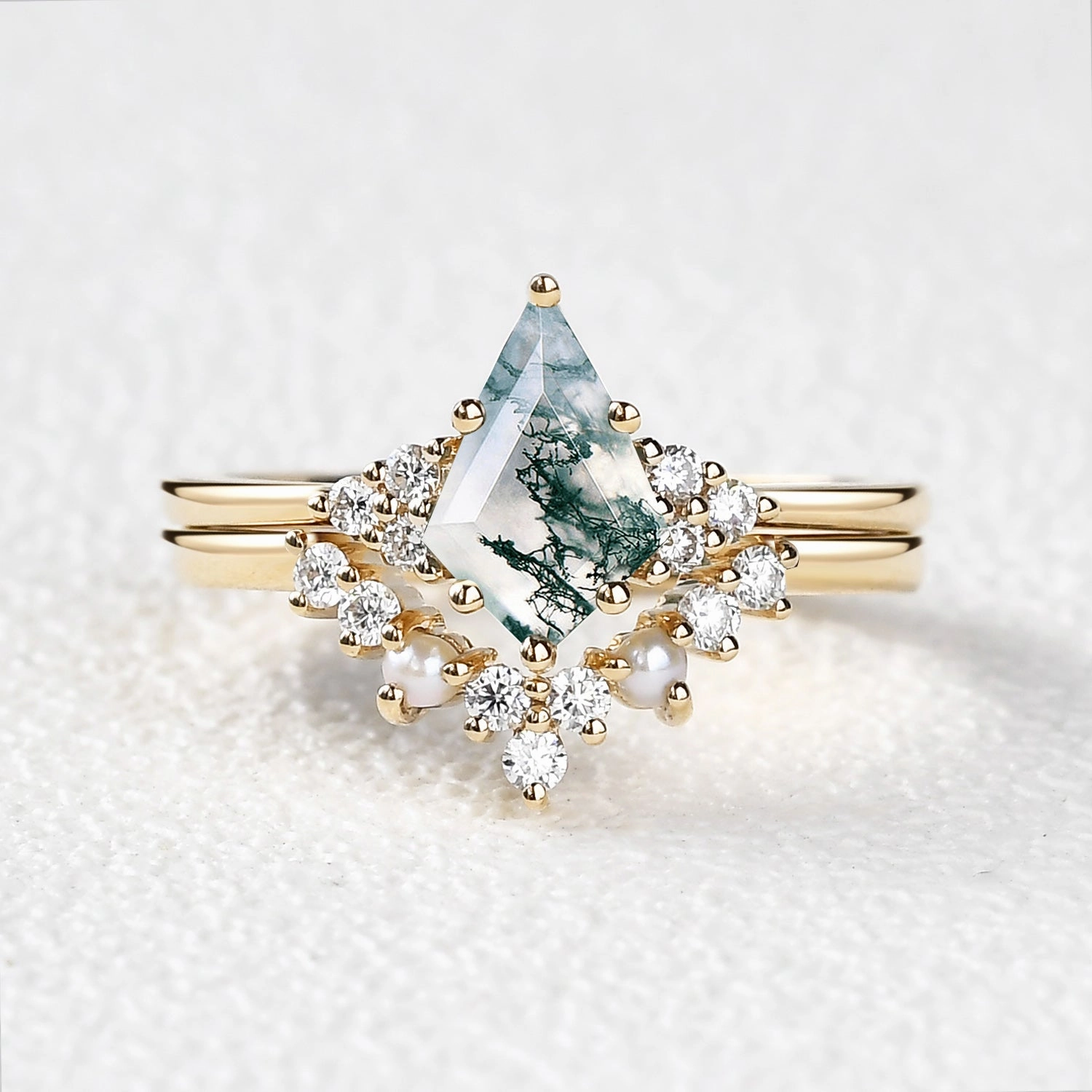 Kite Cut Moss Agate Pearl Engagement Ring Set 2pcs Artisan Article Work Friendly Style
