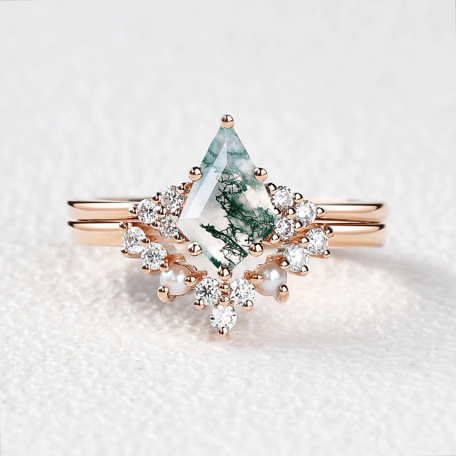 Kite Cut Moss Agate Pearl Engagement Ring Set 2pcs Superior Craft