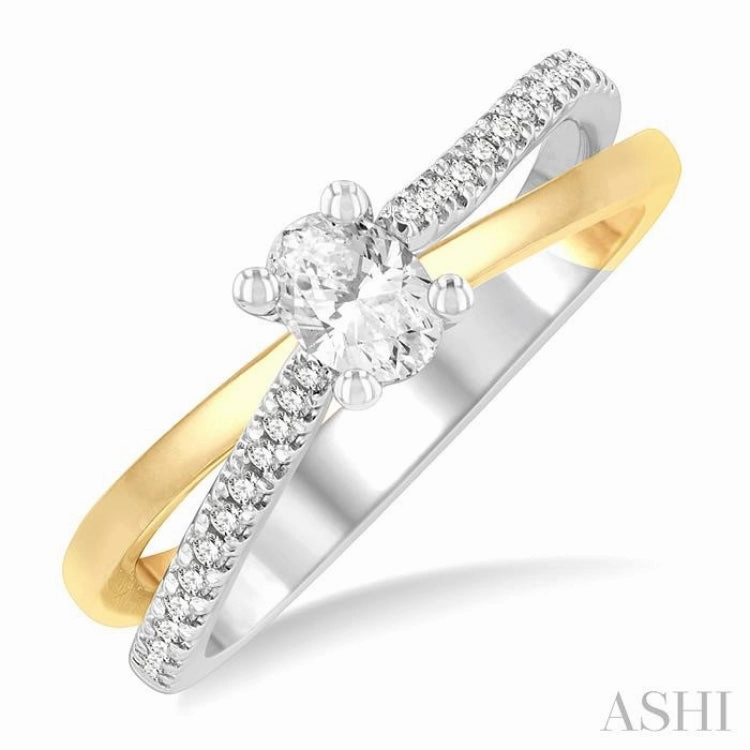 1/2 Ctw Two Tone Criss Cross Round & Oval Cut Diamond Engagement Ring With 1/3 Ct Oval Cut Center Stone in 14K White and Yellow Gold Customizable style Amazing Decoration