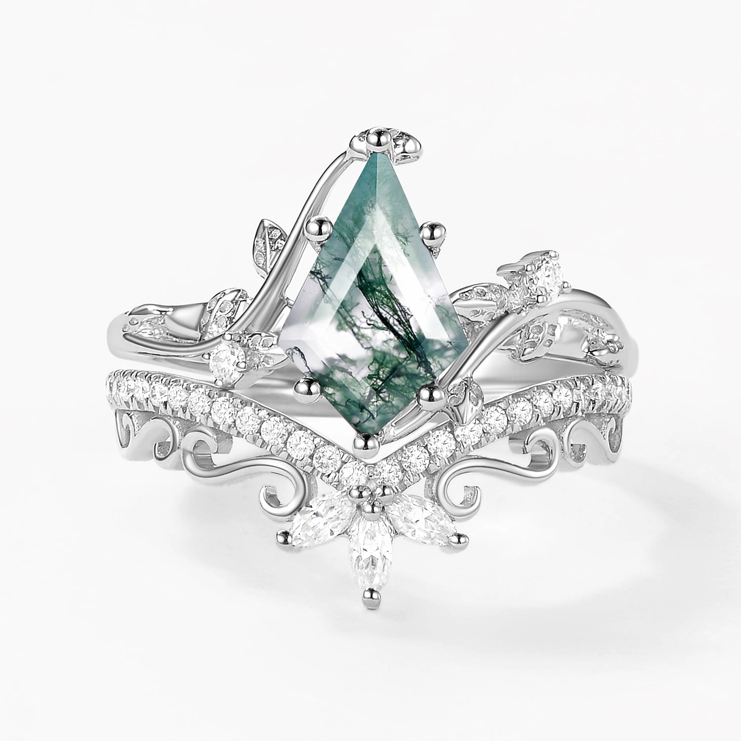 Graceful Motion Radiant Form 2.0ct Vintage Kite Cut Moss Agate Engagement Ring Set 2pcs - Daniella