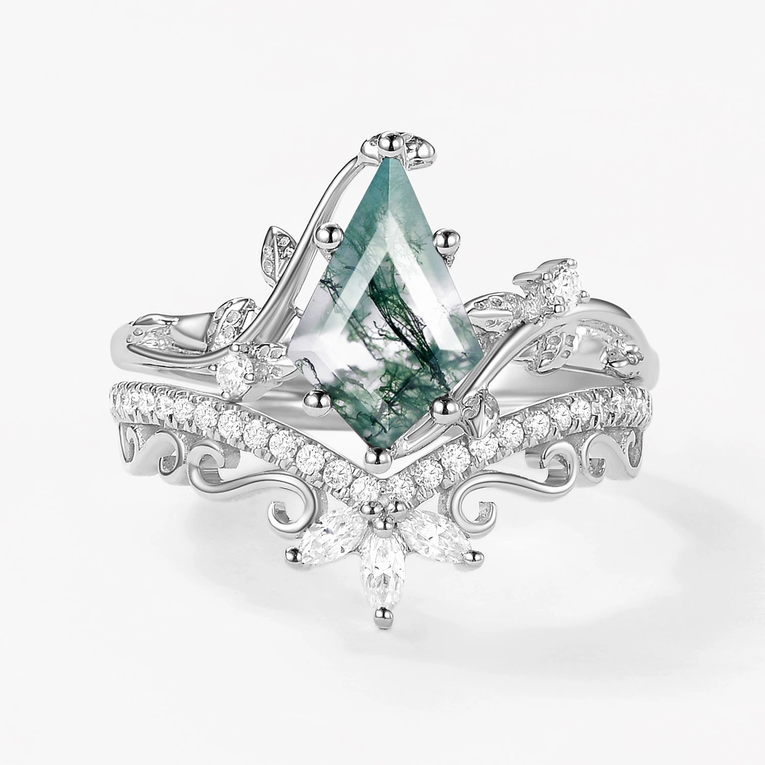 2.0ct Vintage Kite Cut Moss Agate Engagement Ring Set 2pcs - Daniella Minimalist Keepsake