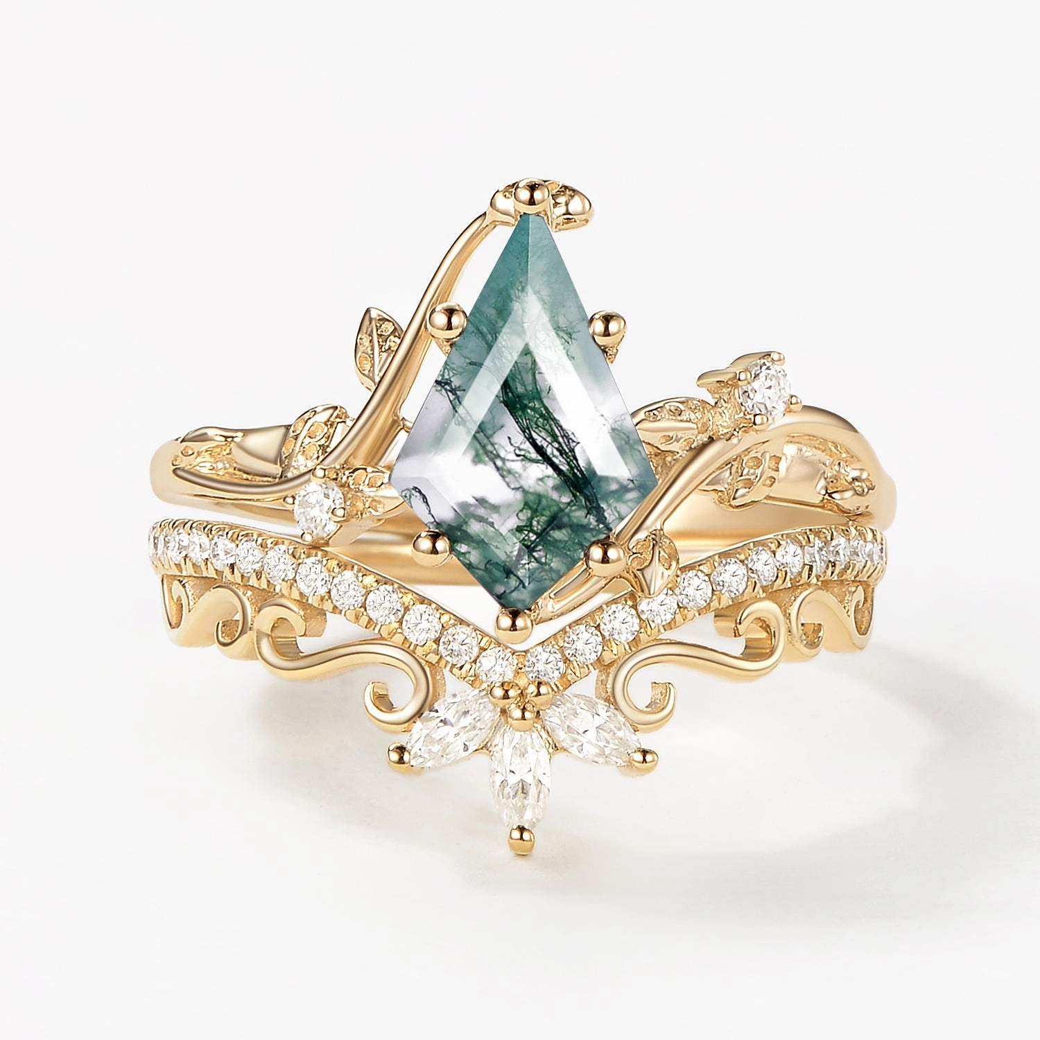 Exquisite Decoration Wonderful Work 2.0ct Vintage Kite Cut Moss Agate Engagement Ring Set 2pcs - Daniella