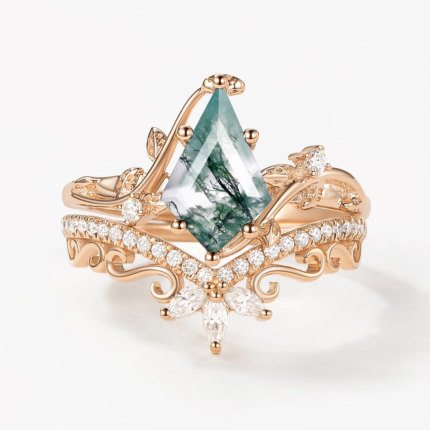 2.0ct Vintage Kite Cut Moss Agate Engagement Ring Set 2pcs - Daniella Luxury Pick