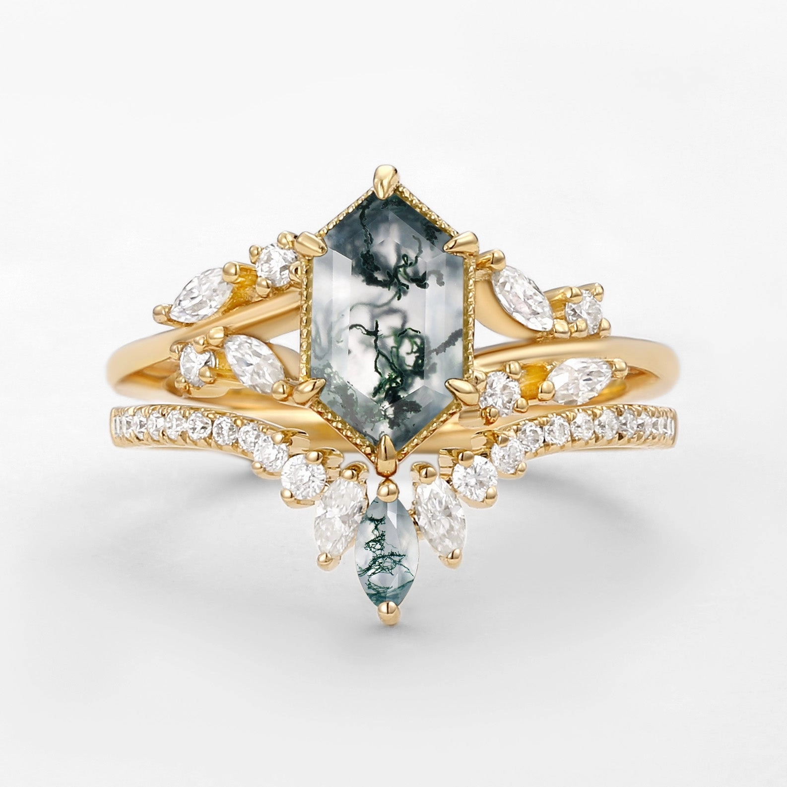 Hexagon Green Moss Agate Leafy Engagement Ring 2PCS - Pine Dazzling Highlight