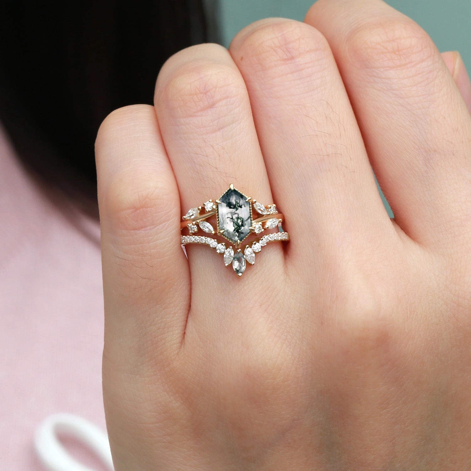 Hexagon Green Moss Agate Leafy Engagement Ring 2PCS - Pine Minimalist Accessory