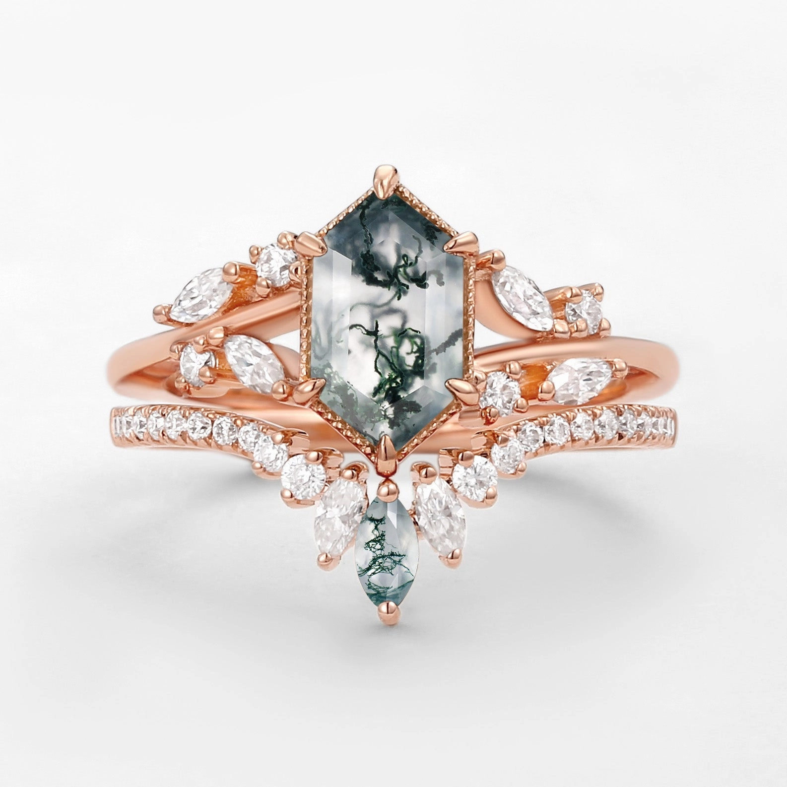 Luxe style Romantic Moment Hexagon Green Moss Agate Leafy Engagement Ring 2PCS - Pine