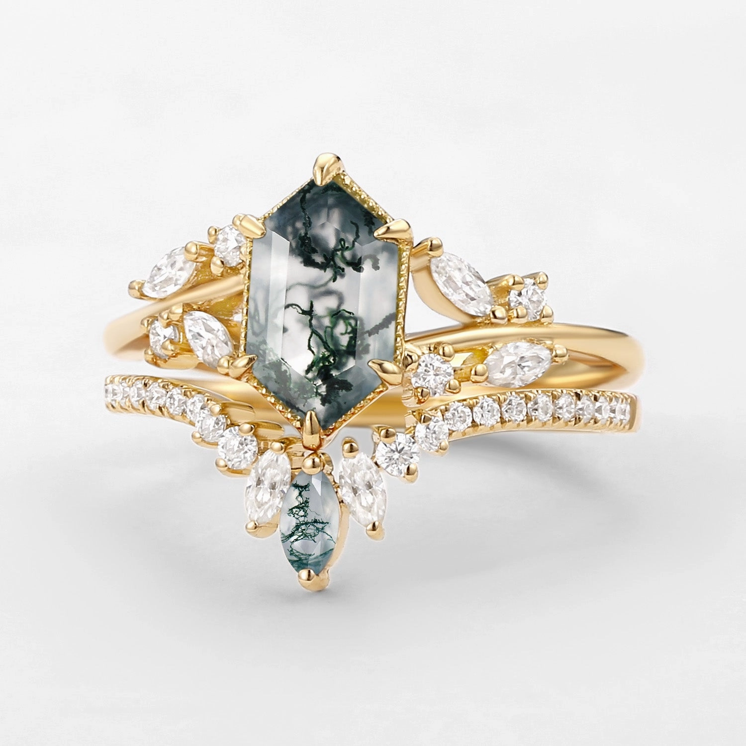 Hexagon Green Moss Agate Leafy Engagement Ring 2PCS - Pine Texture Play Effortless Detail
