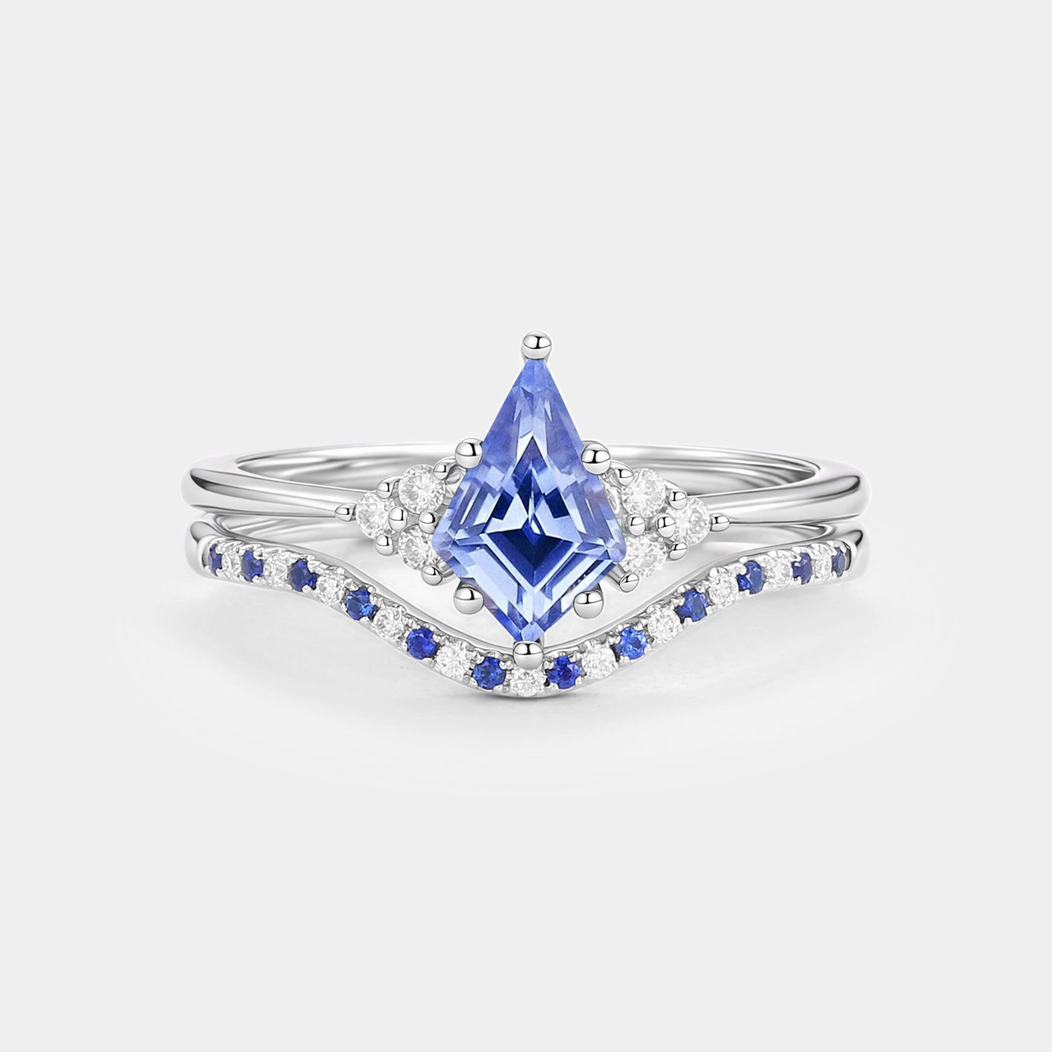 Polished Finish Kite Lab Cornflower Sapphire Curve Engagement Ring Set 2pcs - Lane