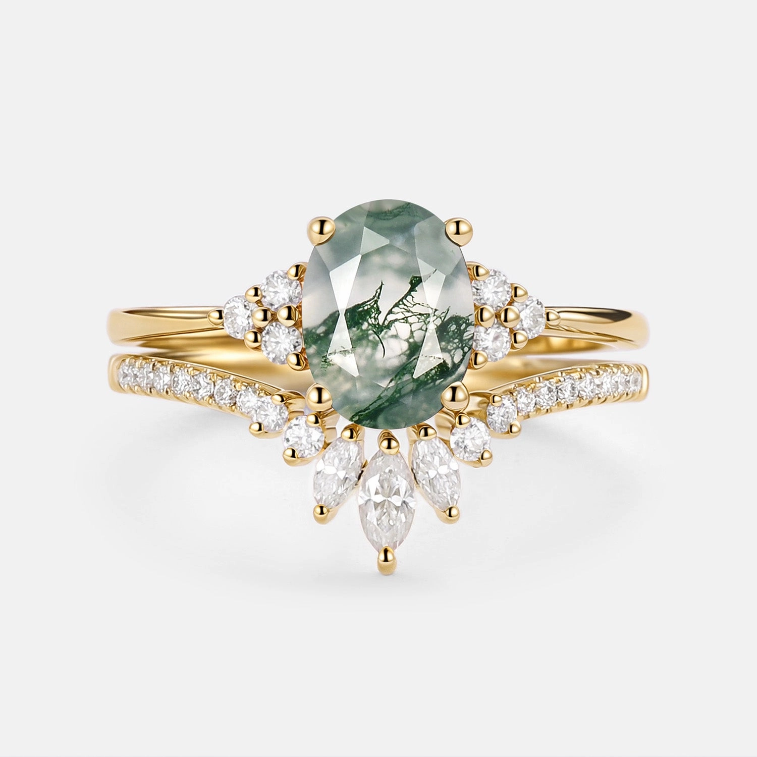 Crisp Style Polished Piece 1.5ct Oval Cut Moss Agate Classic Cluster Gold Ring Set 2pcs - Lydia