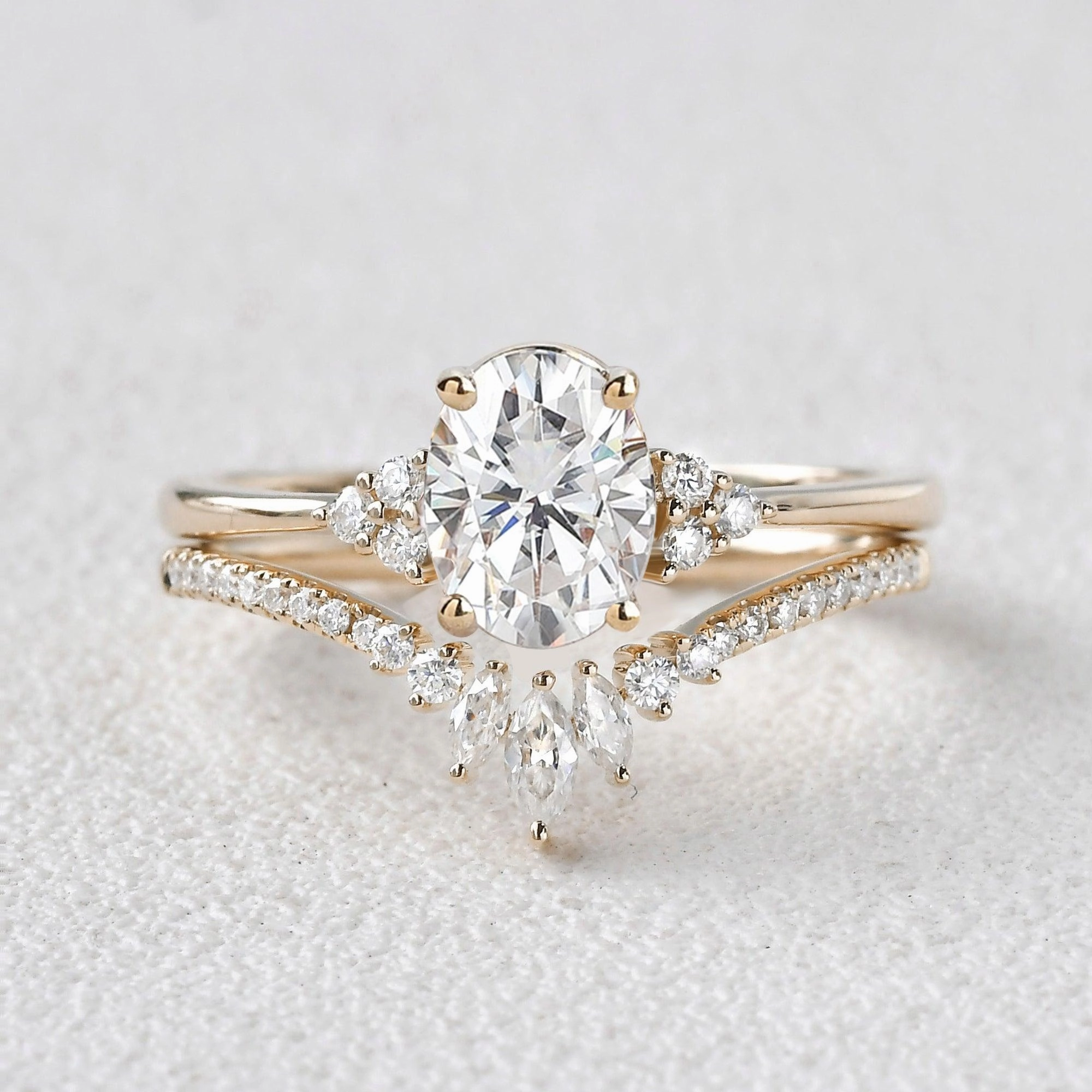 1.5ct Oval Cut Moss Agate Classic Cluster Gold Ring Set 2pcs - Lydia Minimal Simplicity Chic Favorite