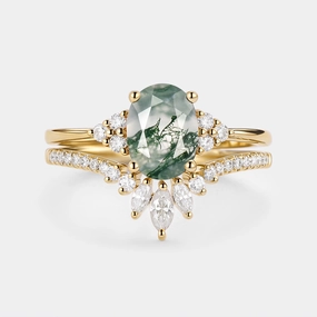 Crisp Style Polished Piece 1.5ct Oval Cut Moss Agate Classic Cluster Gold Ring Set 2pcs - Lydia
