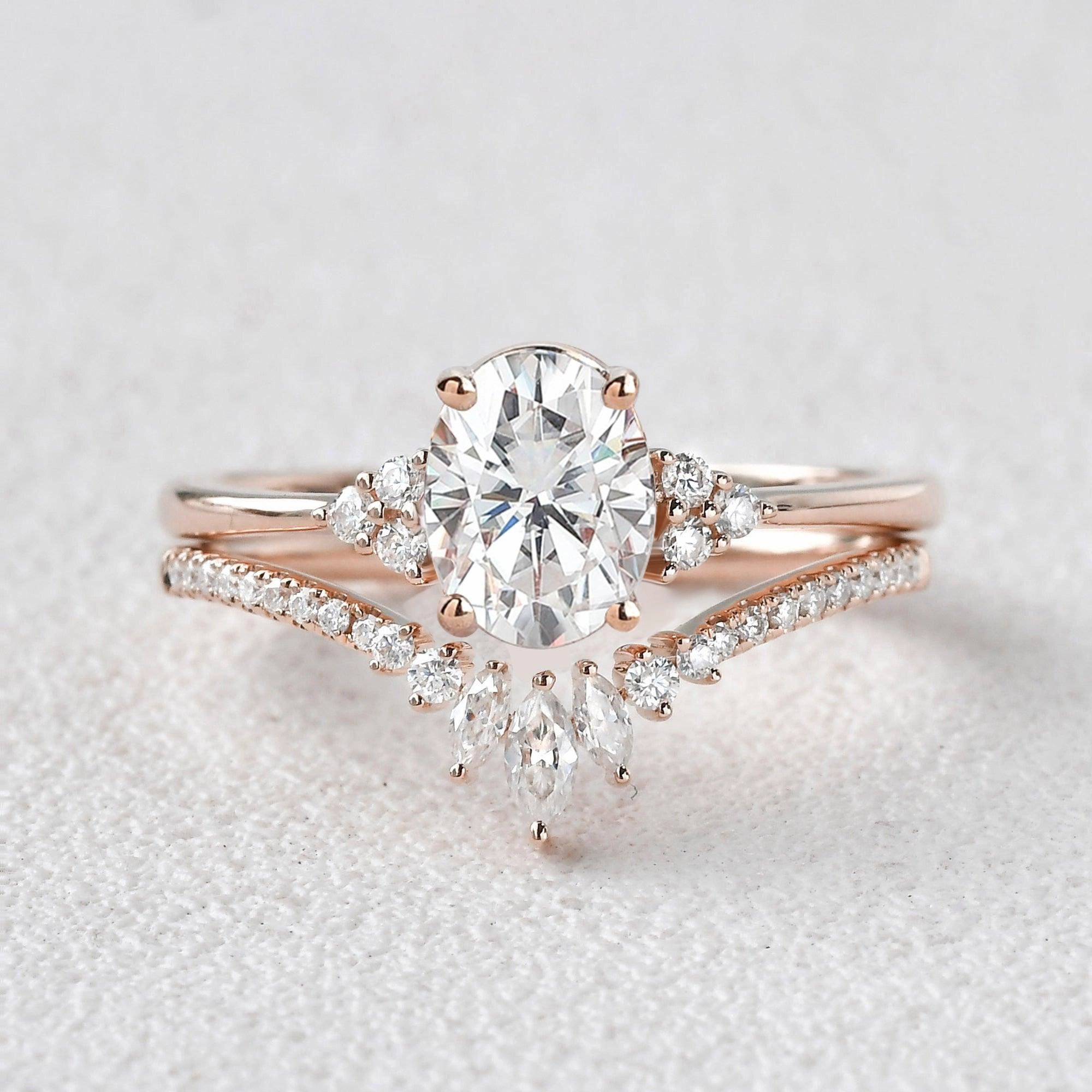 Seasonal Mood Layer mood 1.5ct Oval Cut Moss Agate Classic Cluster Gold Ring Set 2pcs - Lydia