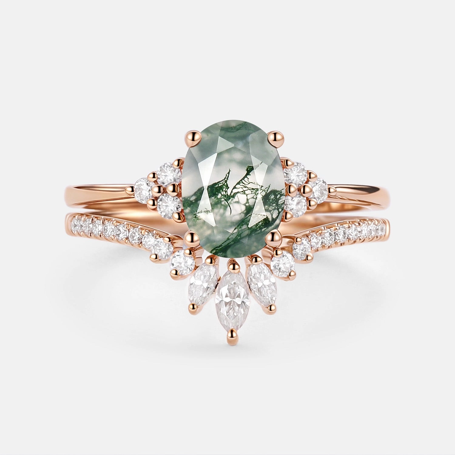 1.5ct Oval Cut Moss Agate Classic Cluster Gold Ring Set 2pcs - Lydia Urban Accent Polished Glam