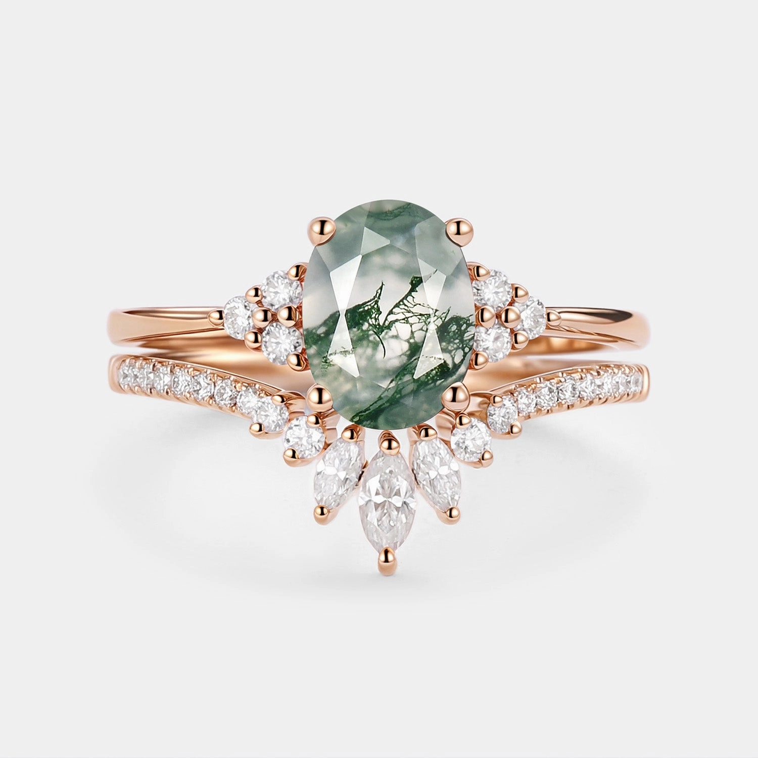 Complex pattern Premium Piece 1.5ct Oval Cut Moss Agate Classic Cluster Gold Ring Set 2pcs - Lydia