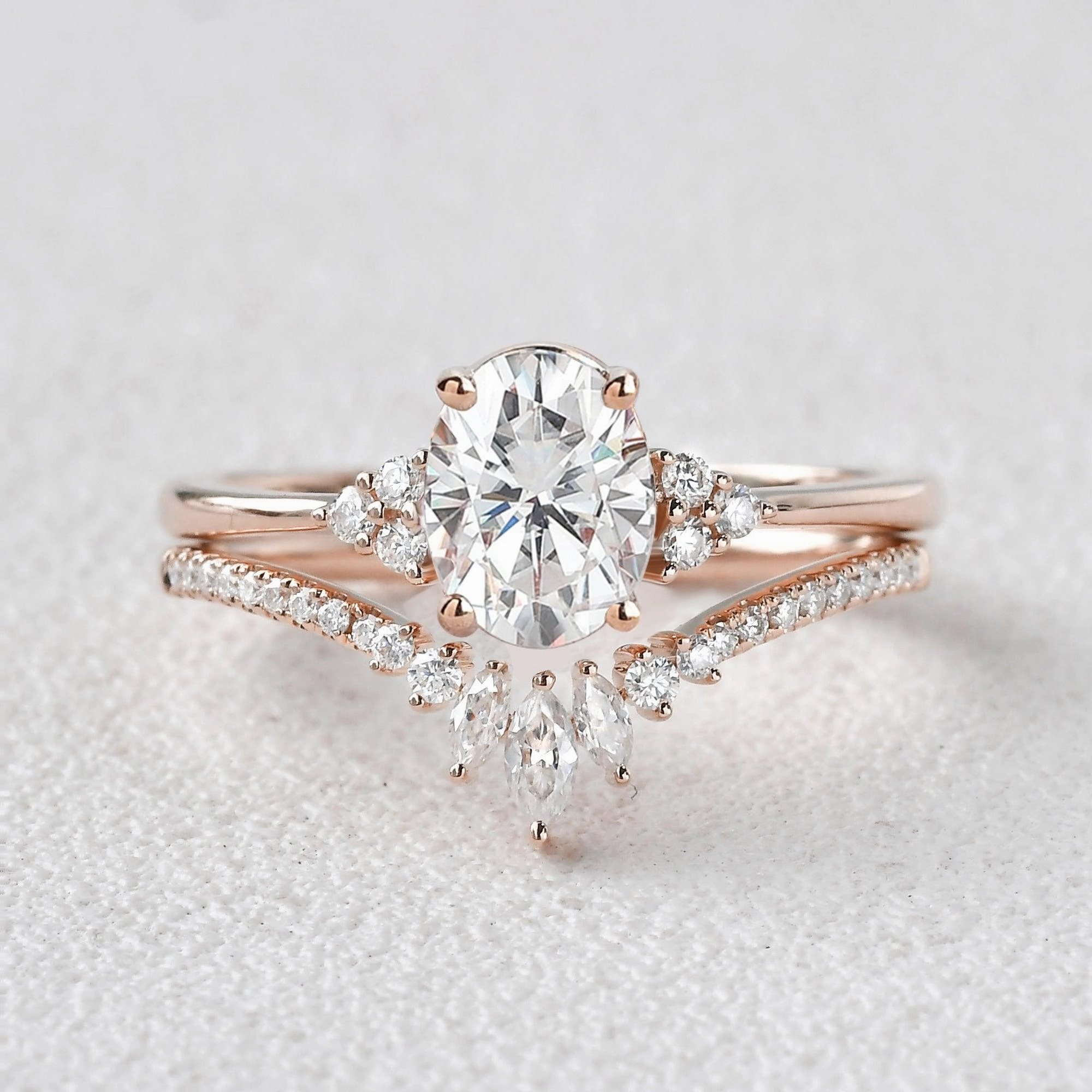 1.5ct Oval Cut Moss Agate Classic Cluster Gold Ring Set 2pcs - Lydia Premium Look Weekend Look