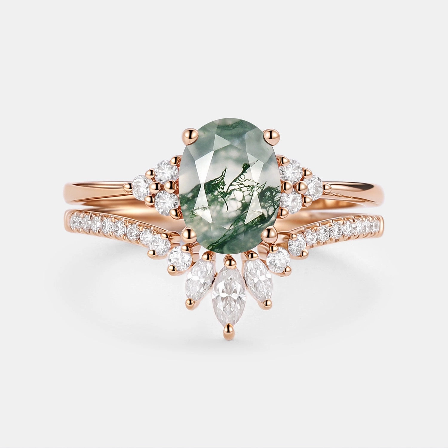 1.5ct Oval Cut Moss Agate Classic Cluster Gold Ring Set 2pcs - Lydia Elite Choice Daily Expression