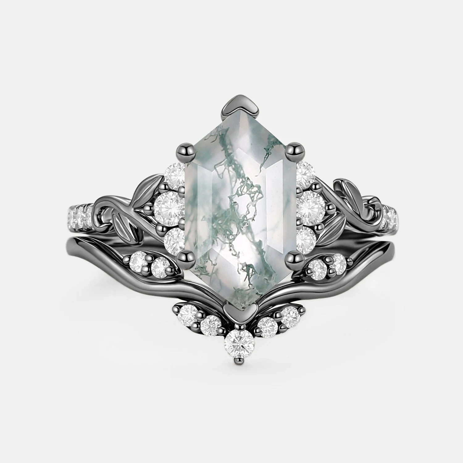 Artisan Adornment Hexagon Moss Agate Leafy Engagement Ring Sets 2pcs - Cometia