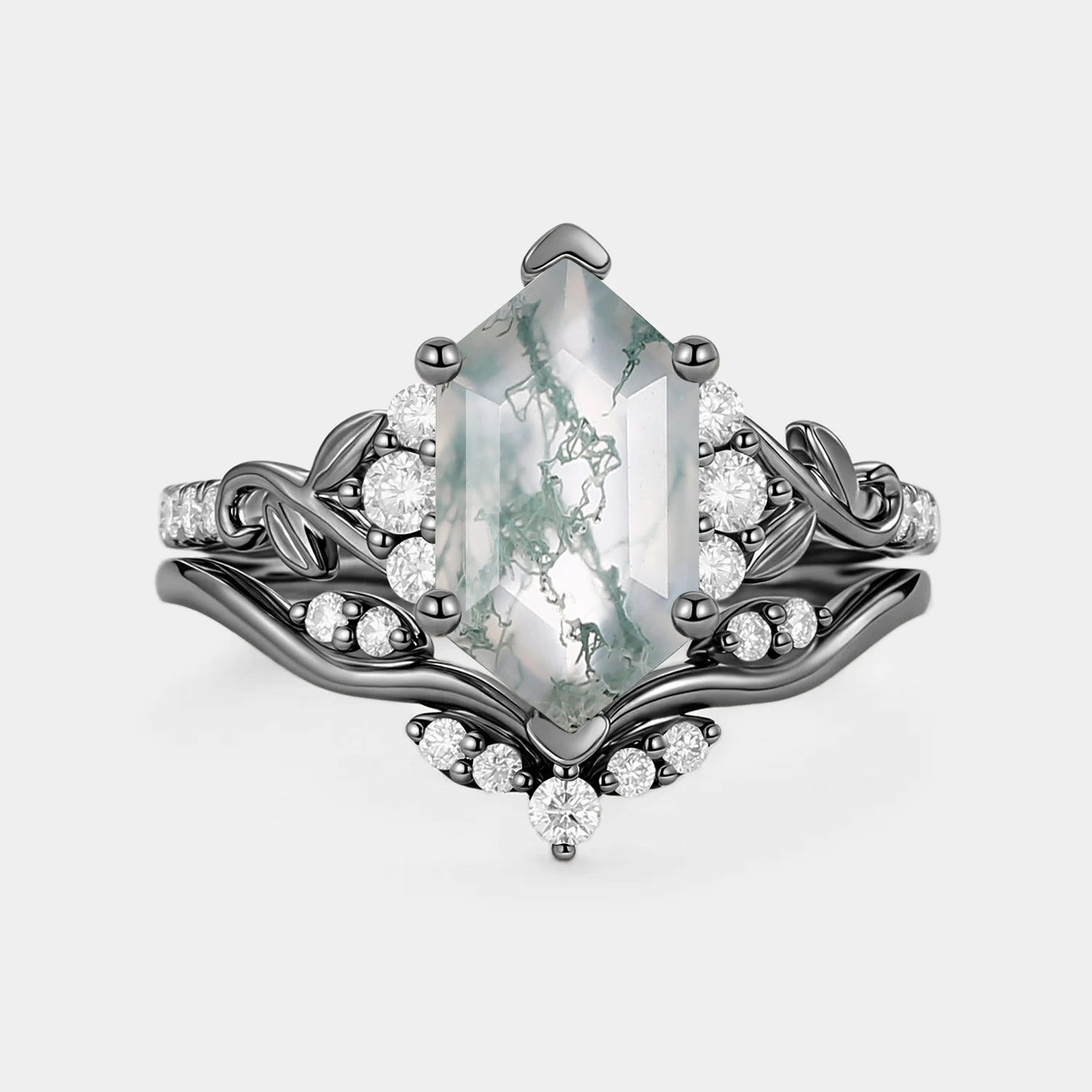 Hexagon Moss Agate Leafy Engagement Ring Sets 2pcs - Cometia Muted Details