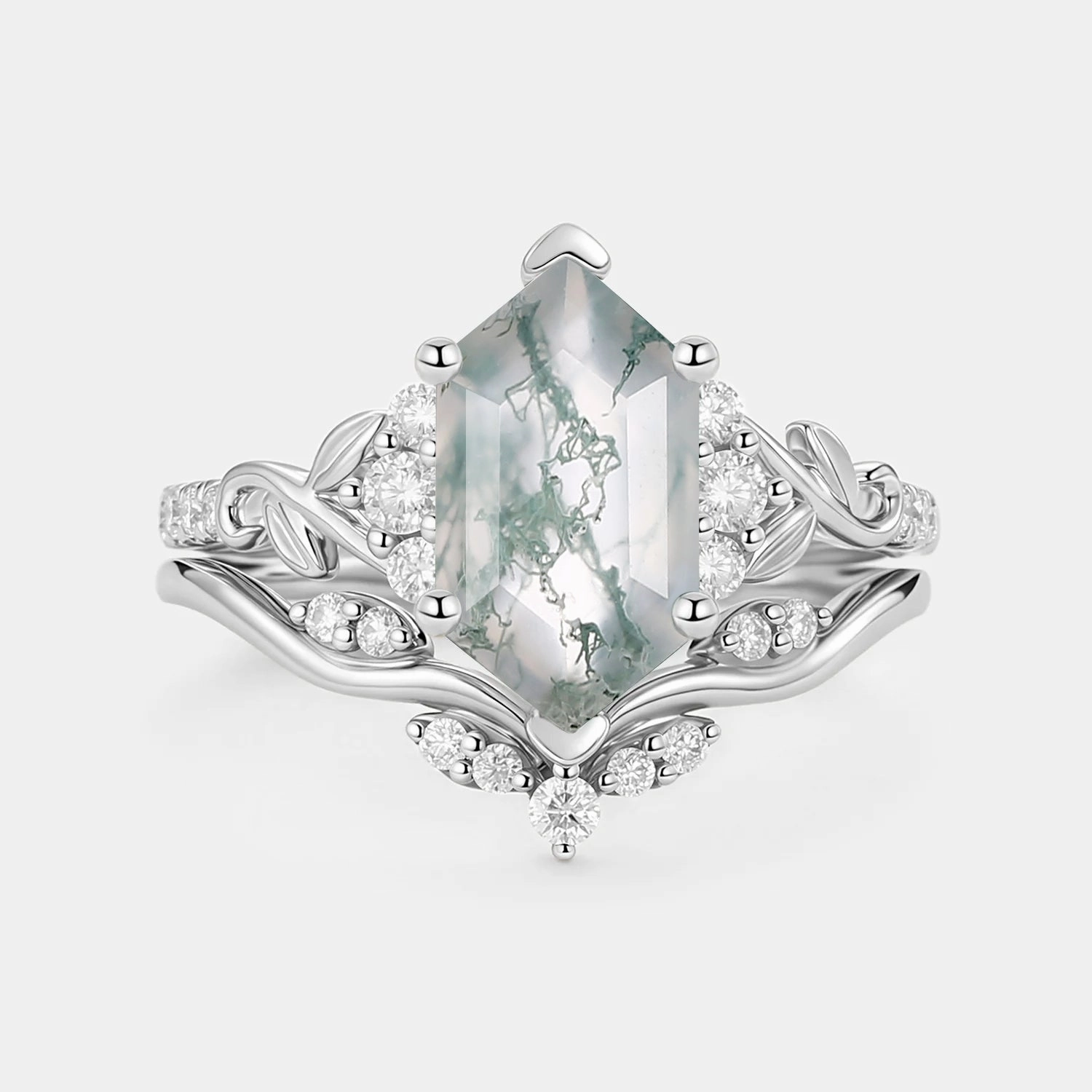 Hexagon Moss Agate Leafy Engagement Ring Sets 2pcs - Cometia Travel Gift Exclusive Expression