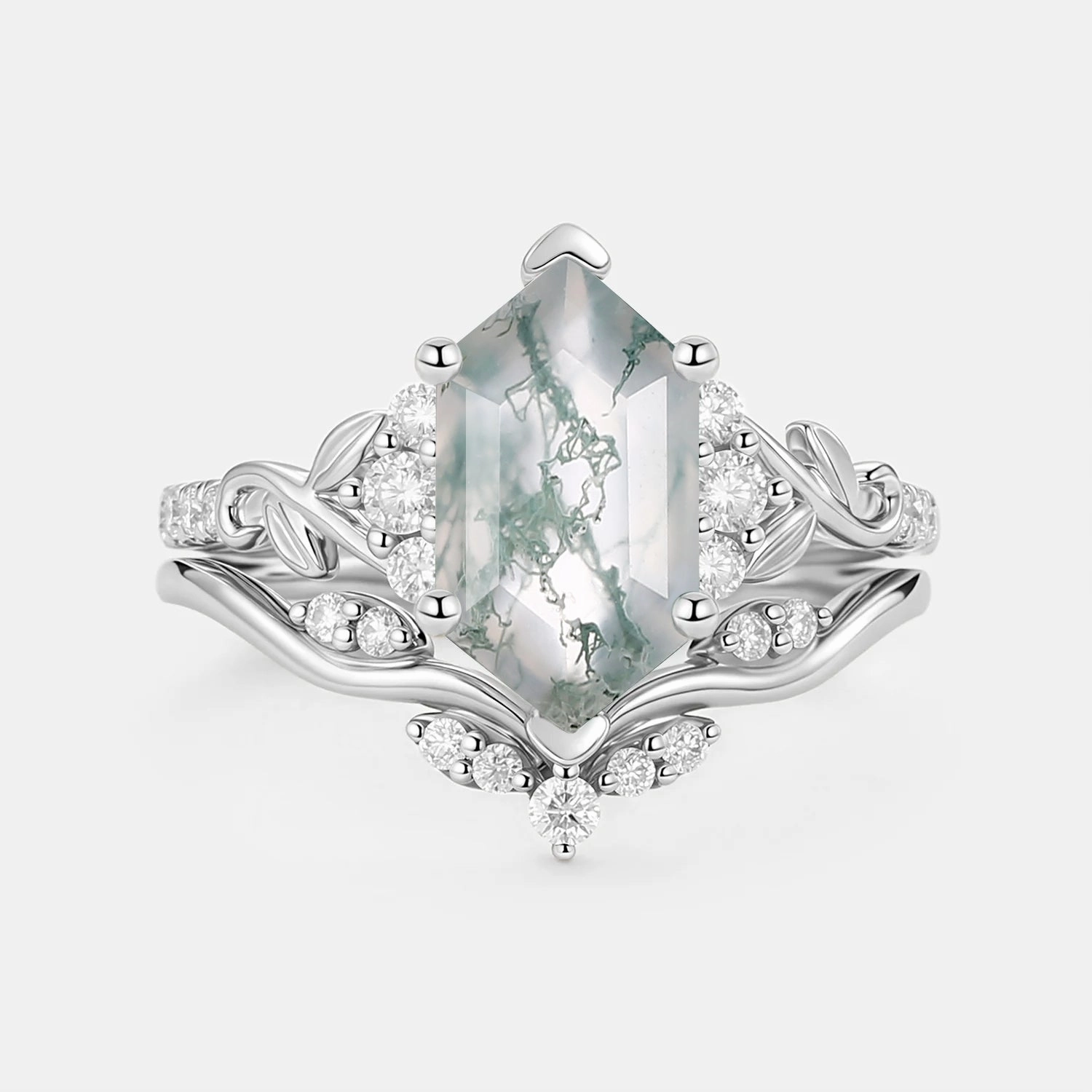 Night Mood Hexagon Moss Agate Leafy Engagement Ring Sets 2pcs - Cometia