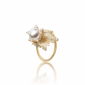 Golden Accent Bridal Vibe E Ho???la Akoya White Pearl Ring in Gold with Diamonds - 21mm