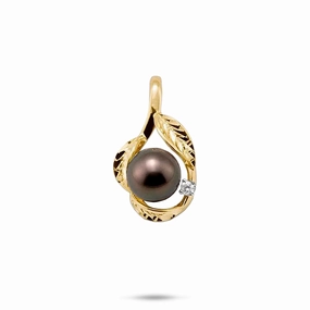Maile Tahitian Black Pearl Pendant in Gold with Diamonds - 9-10mm Stylish Form