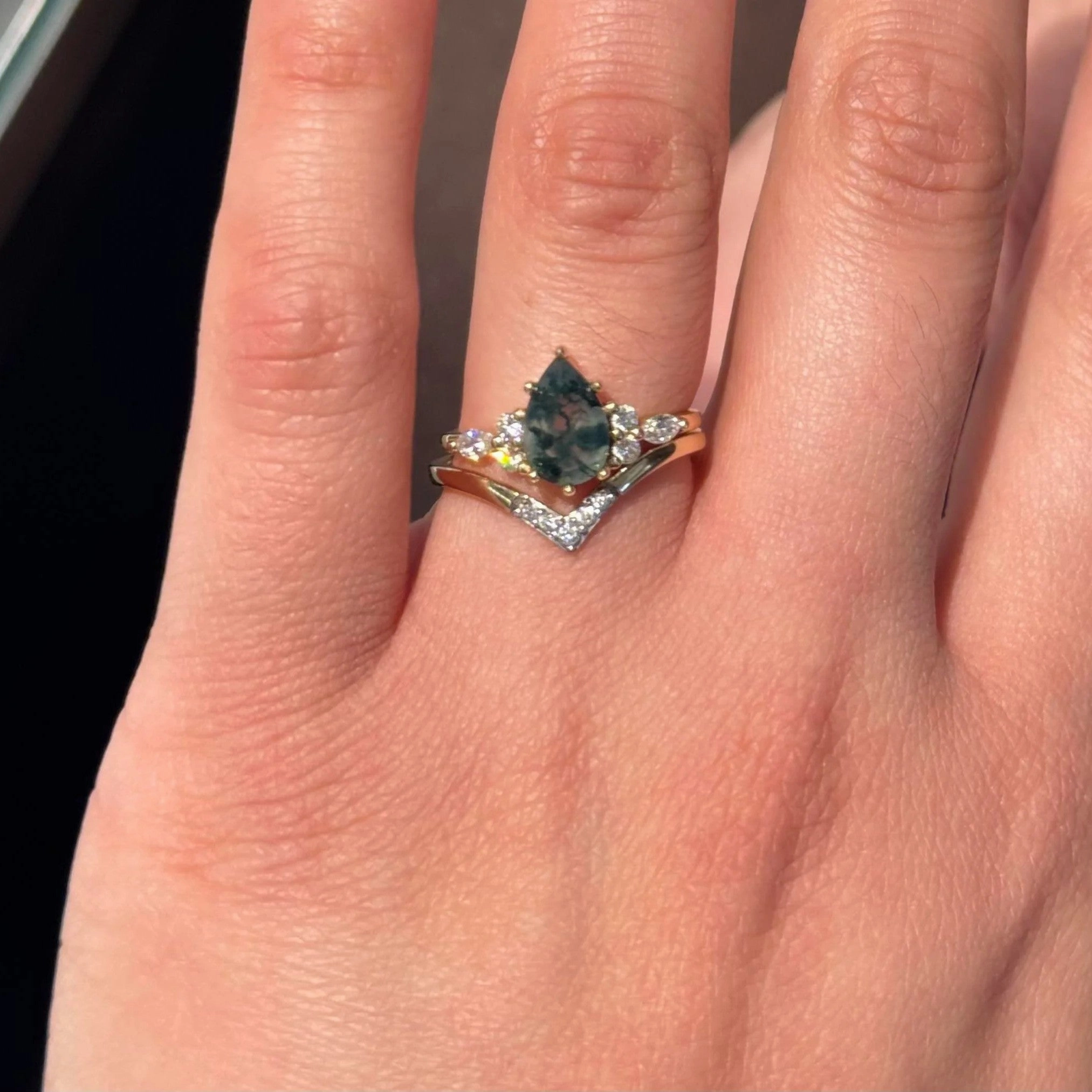 Stock Item Stylish Ornament Pear Cut Moss Agate Cluster Ring Set 2pcs - Sienna