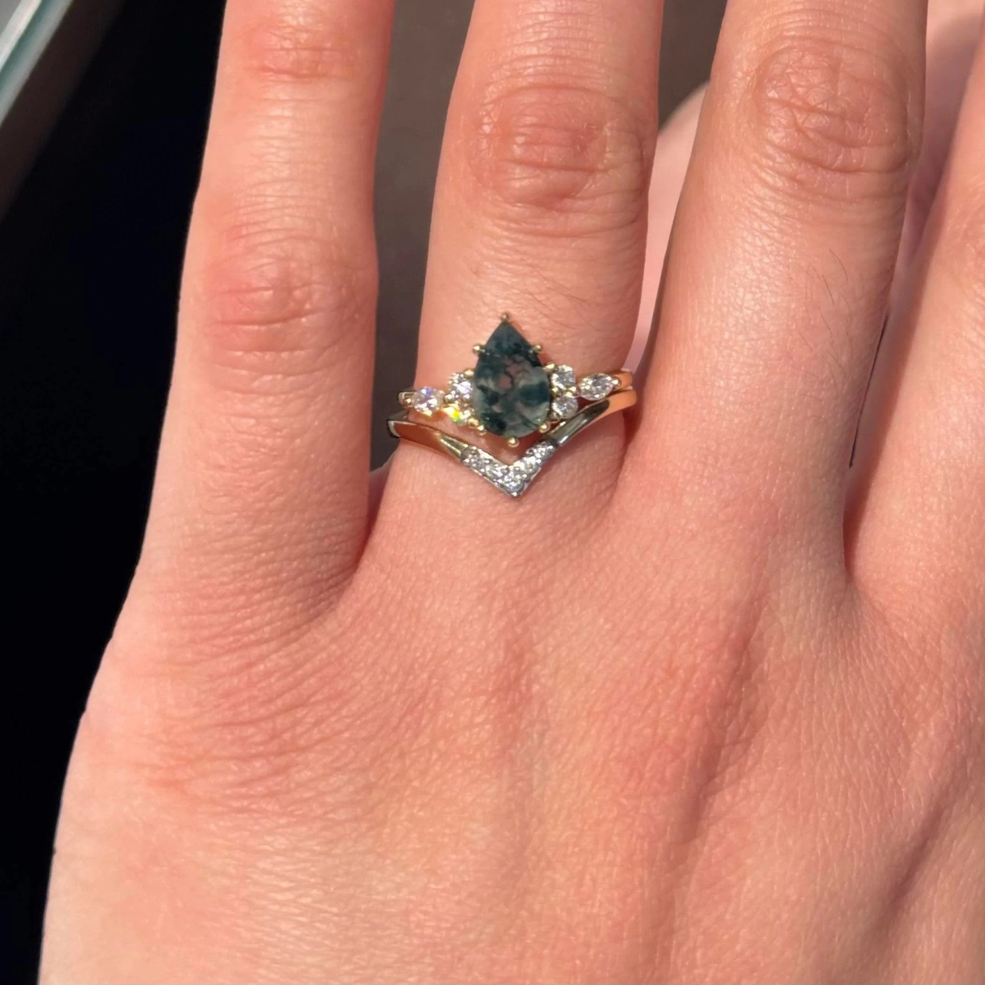 Pear Cut Moss Agate Cluster Ring Set 2pcs - Sienna Sculpted Feature Winter Vibes